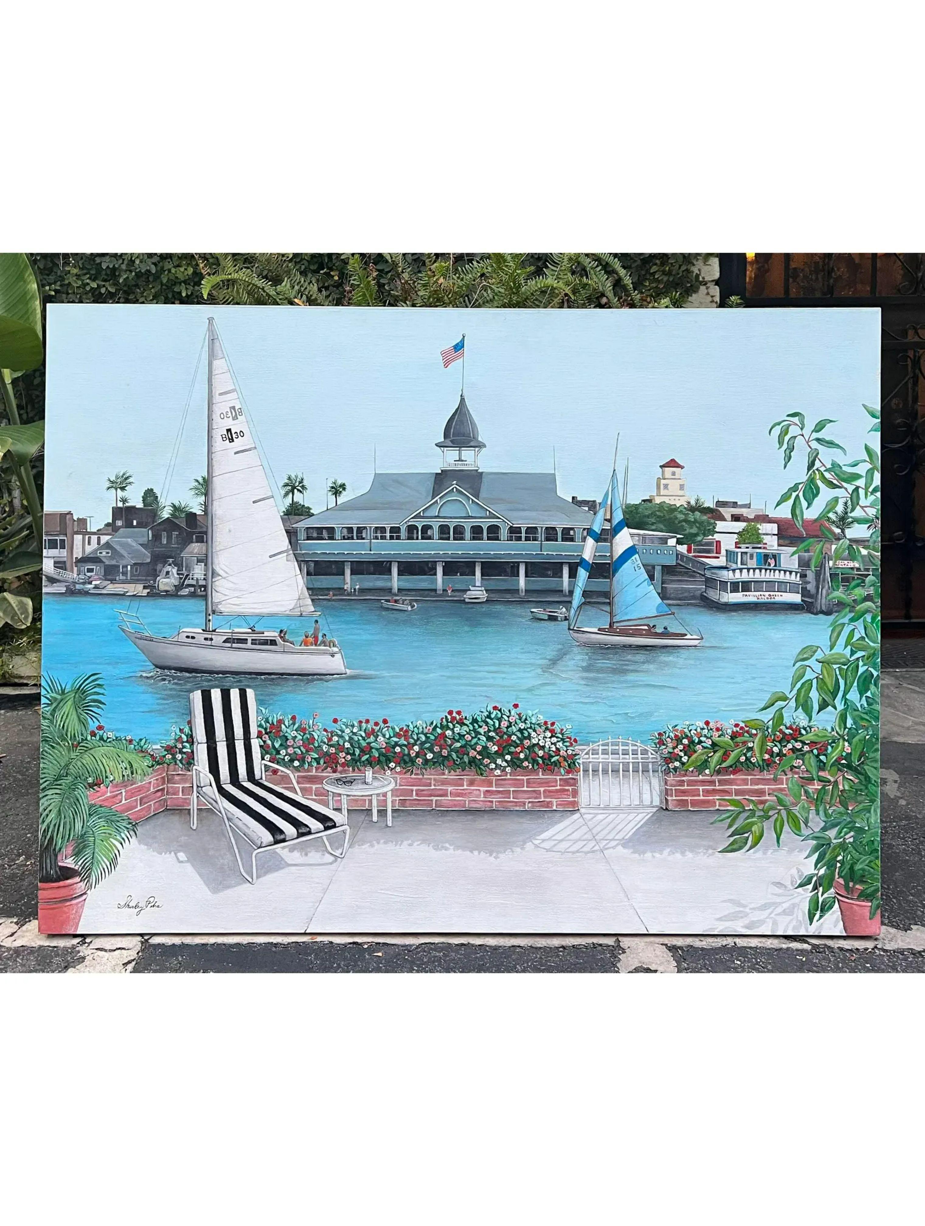 Canvas California Oil Painting of Newport Balboa Harbor Painting by Shirley Piha For Sale