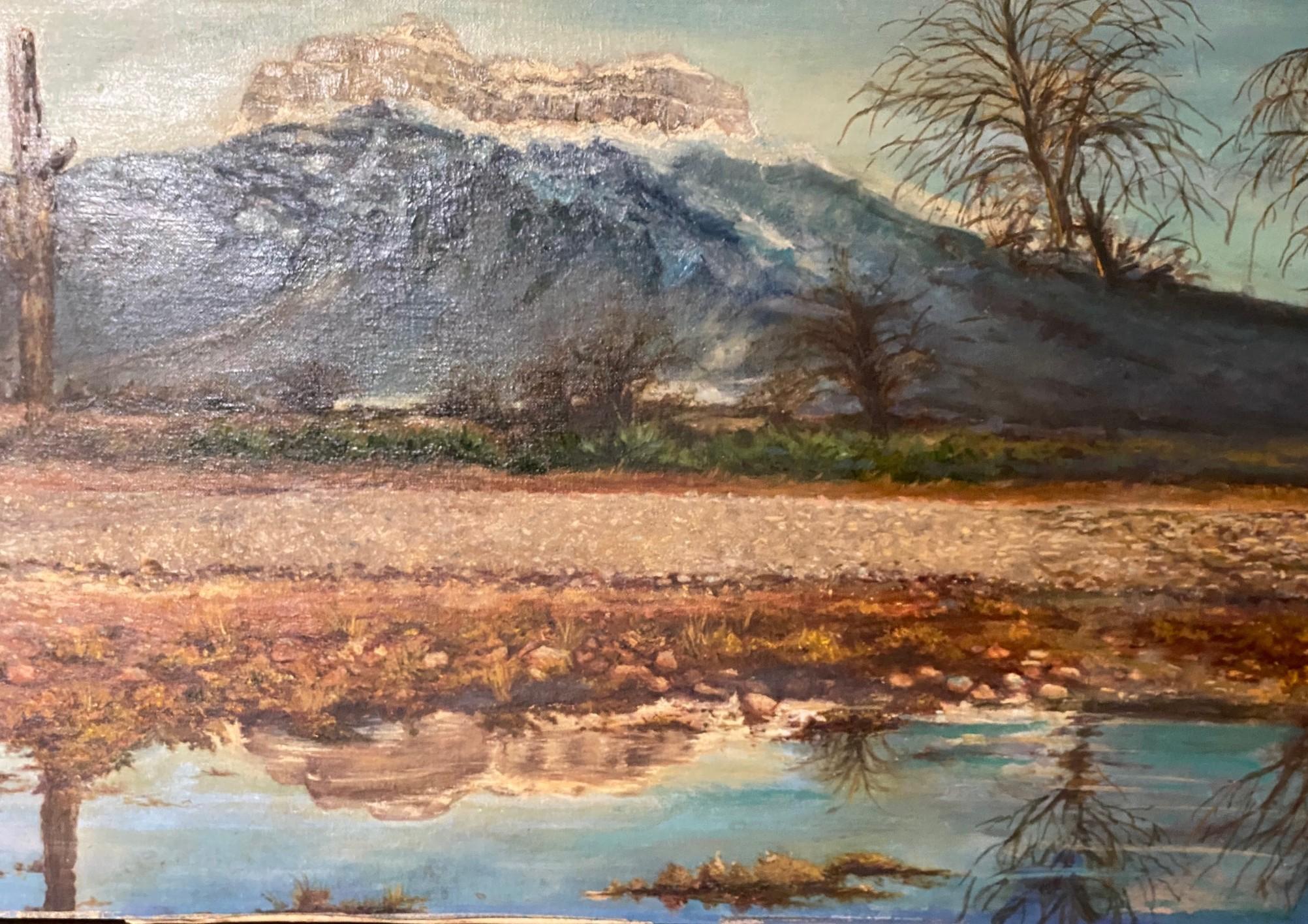 Pittura ad olio firmata California o Arizona Paesaggio montano desertico con nuvole in vendita 7
