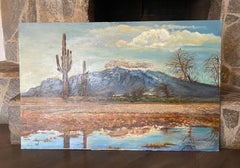 California or Arizona Signed Oil Painting Desert Mountain Landscape With Clouds