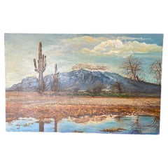 Peinture à l'huile de Californie ou d'Arizona signée, paysage de montagnes du désert avec nuages