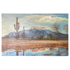 California or Arizona Signed Oil Painting Desert Mountain Landscape With Clouds