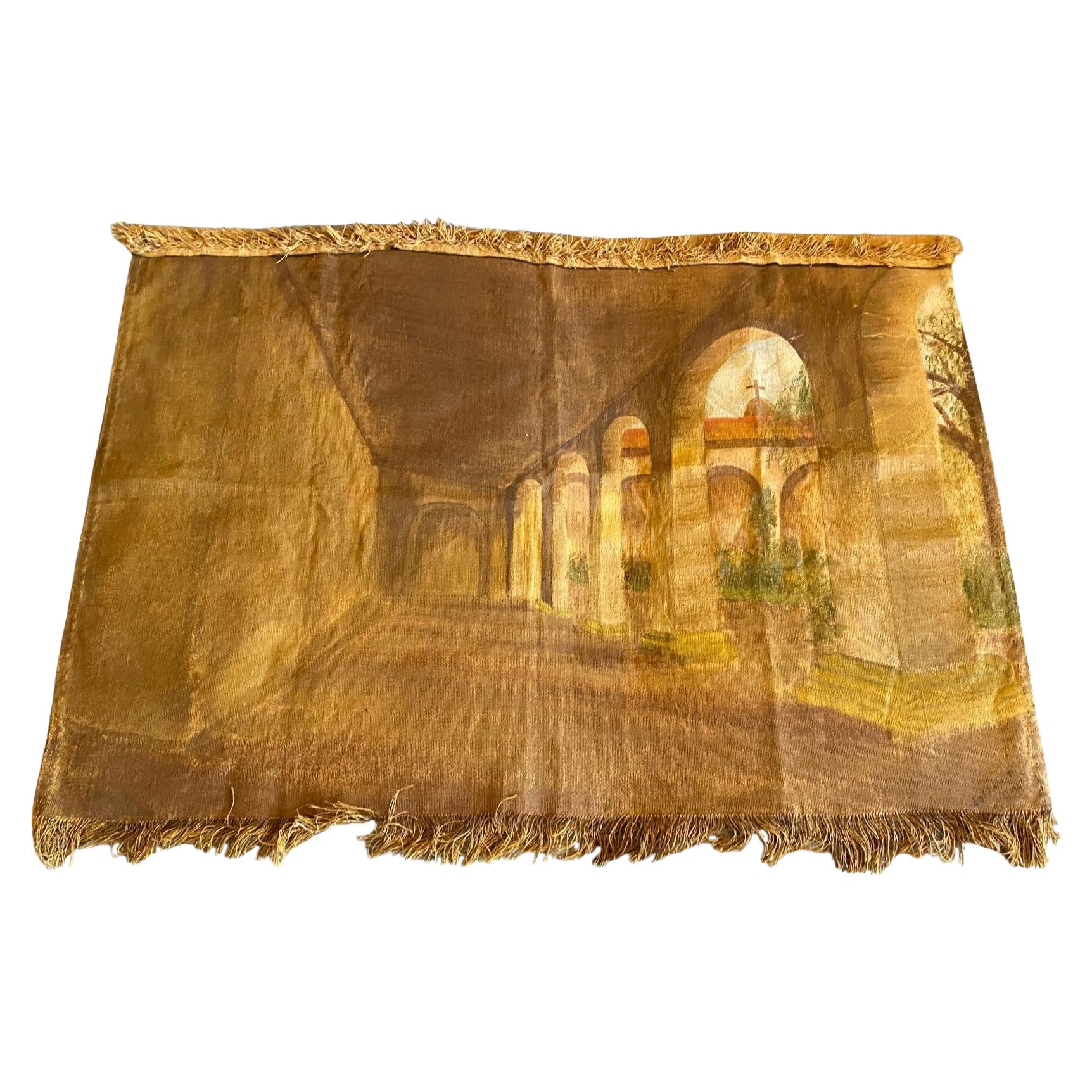 California or Spanish Mission Signed Oil On Burlap Folk Art Painting Tapestry
