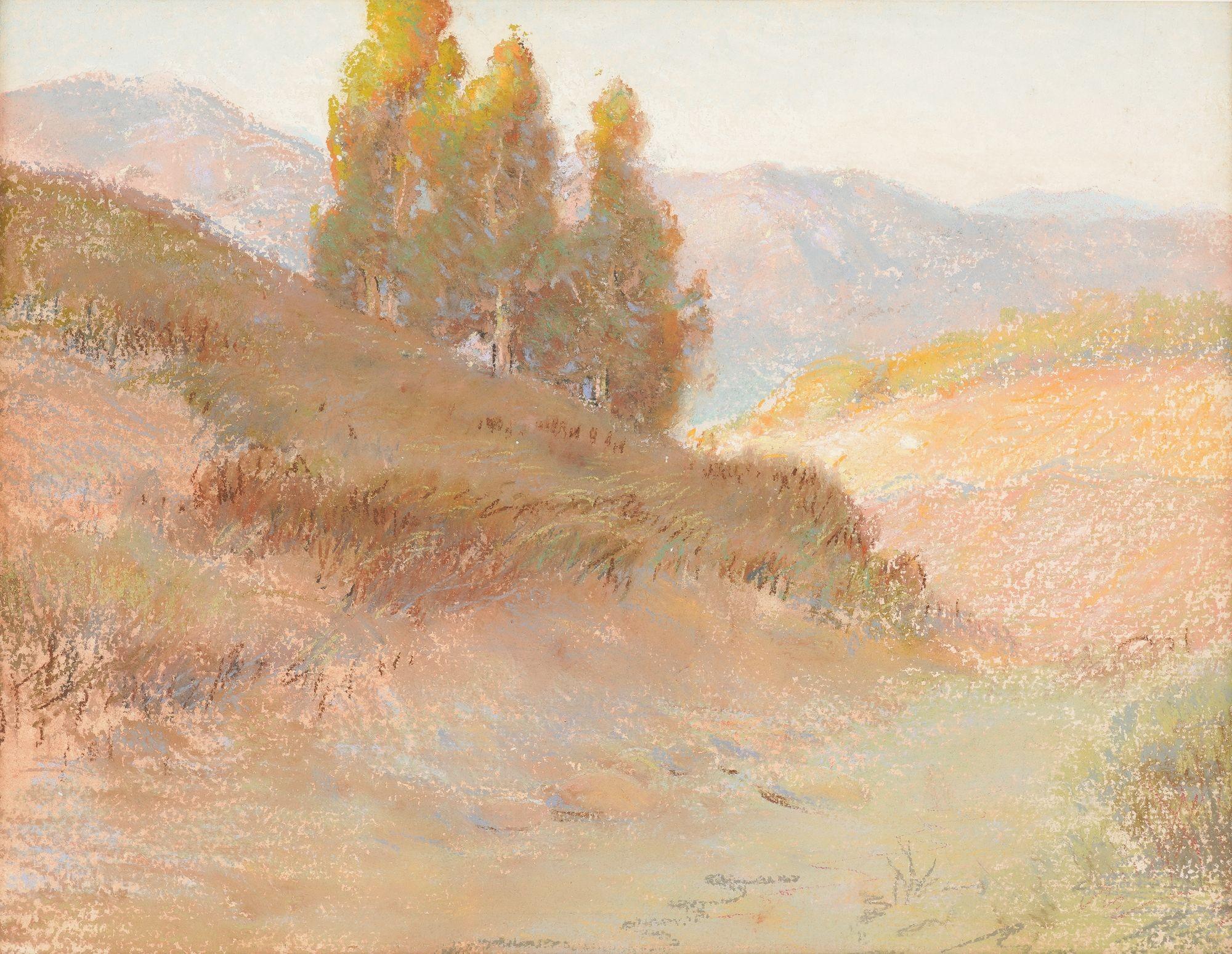 Unsigned California plein aire school pastel on paper landscape study. The work is framed in a white gold leafed molding on archival mat, and mounted under UV filtering museum glass.

American, circa 1910-20.