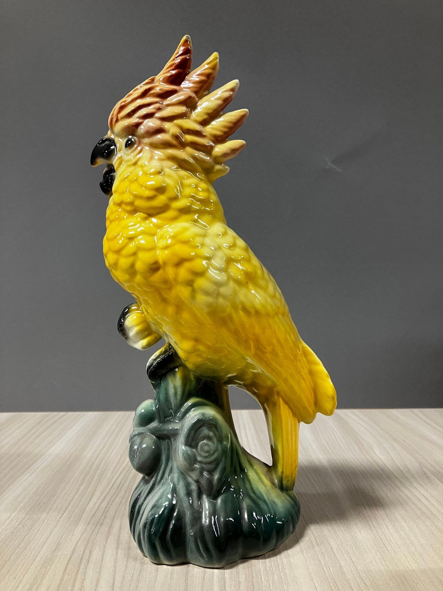 Mid-Century Modern California Pottery Ceramic Tropical Cockatoo on Branch Statue For Sale