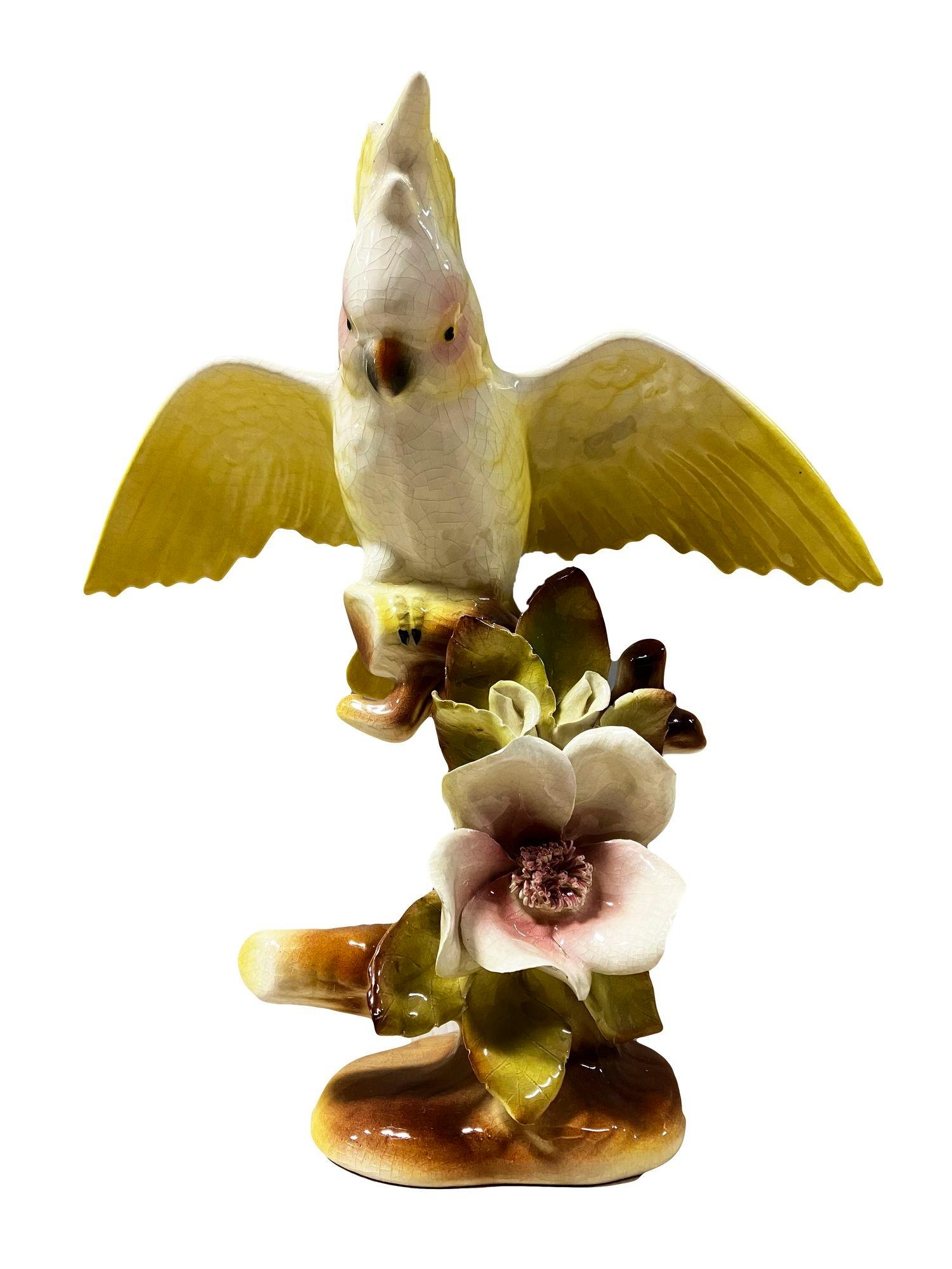 Early Mid-Century Ceramic Tropical Cockatoo on Hibiscus Branch by Fame California Potter William Maddux. A great example of Hawaiian mania that swept the USA After WWII with many American troopers fighting on the Pacific front bringing the culture