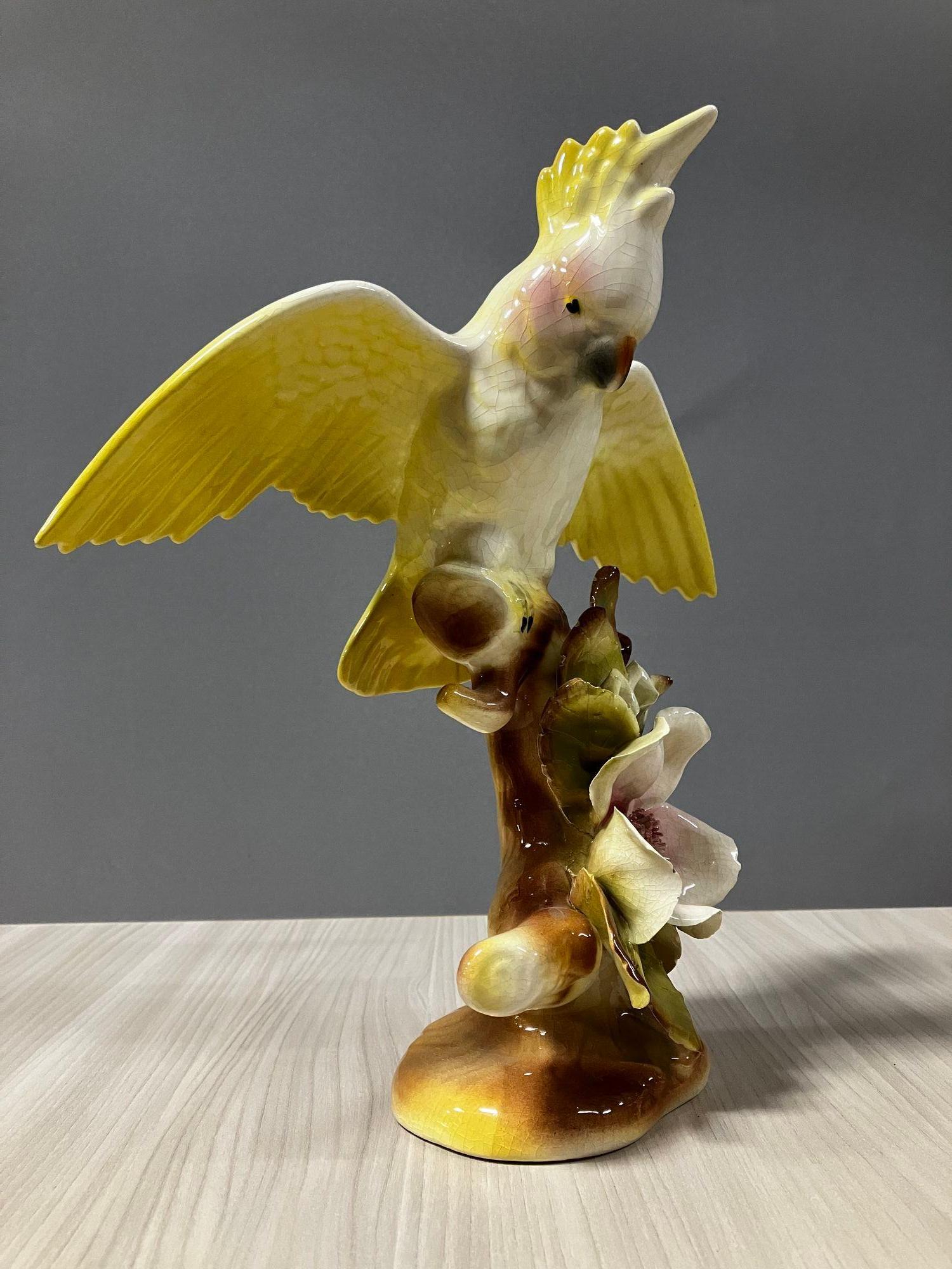 American California Pottery Ceramic Tropical Cockatoo on Hibiscus Branch Statue For Sale