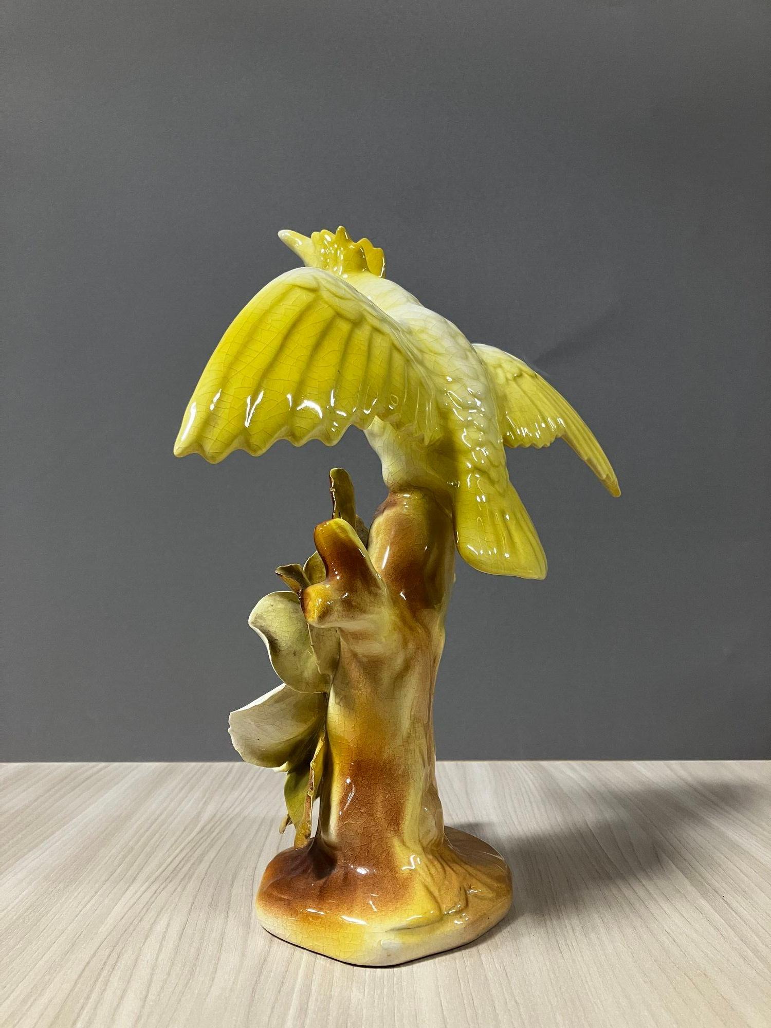 California Pottery Ceramic Tropical Cockatoo on Hibiscus Branch Statue For Sale 1