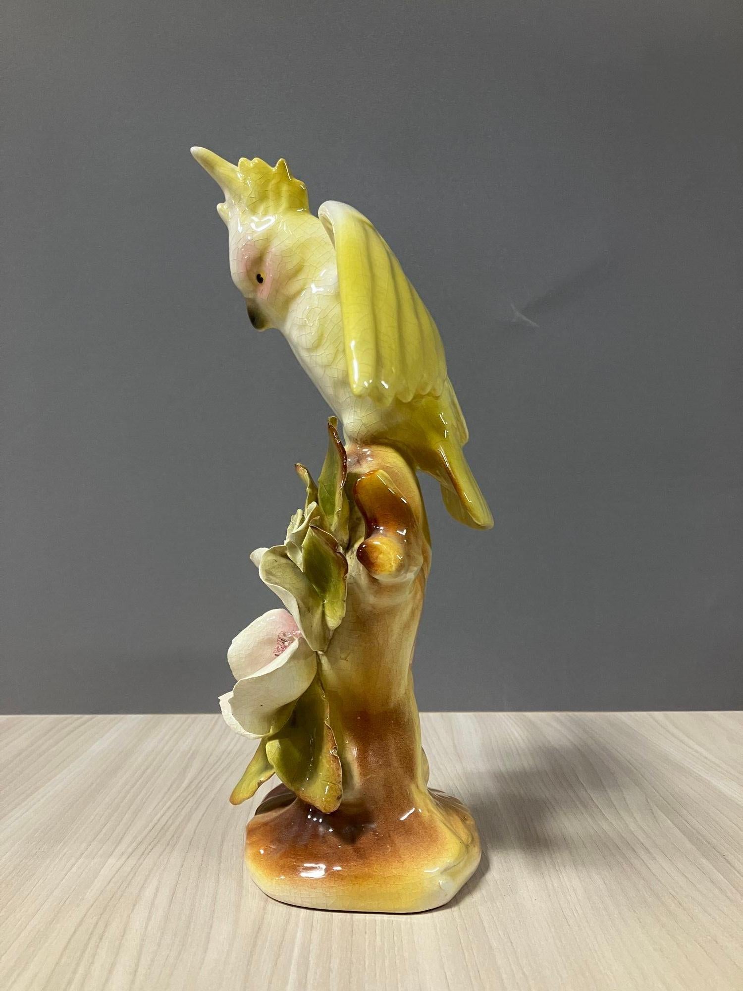 California Pottery Ceramic Tropical Cockatoo on Hibiscus Branch Statue For Sale 2