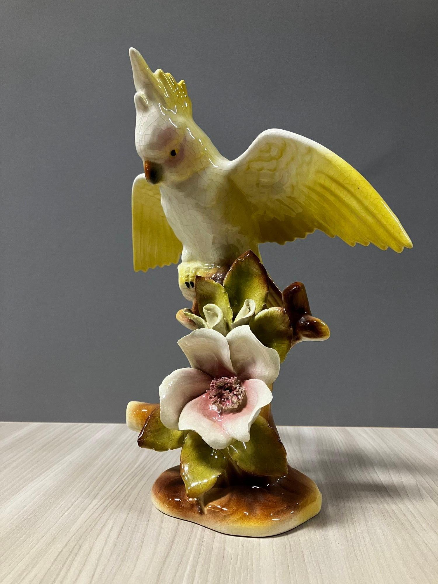 California Pottery Ceramic Tropical Cockatoo on Hibiscus Branch Statue For Sale 3