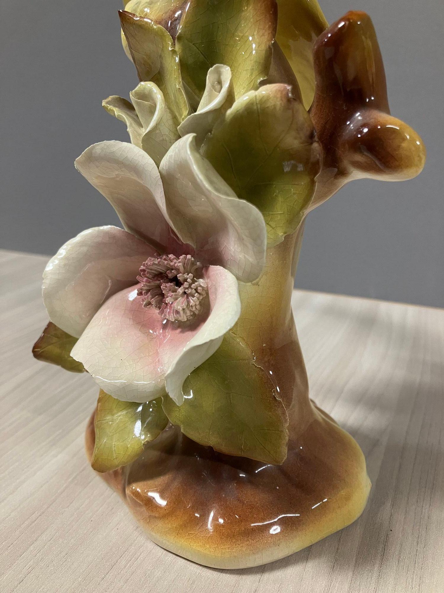 California Pottery Ceramic Tropical Cockatoo on Hibiscus Branch Statue For Sale 4