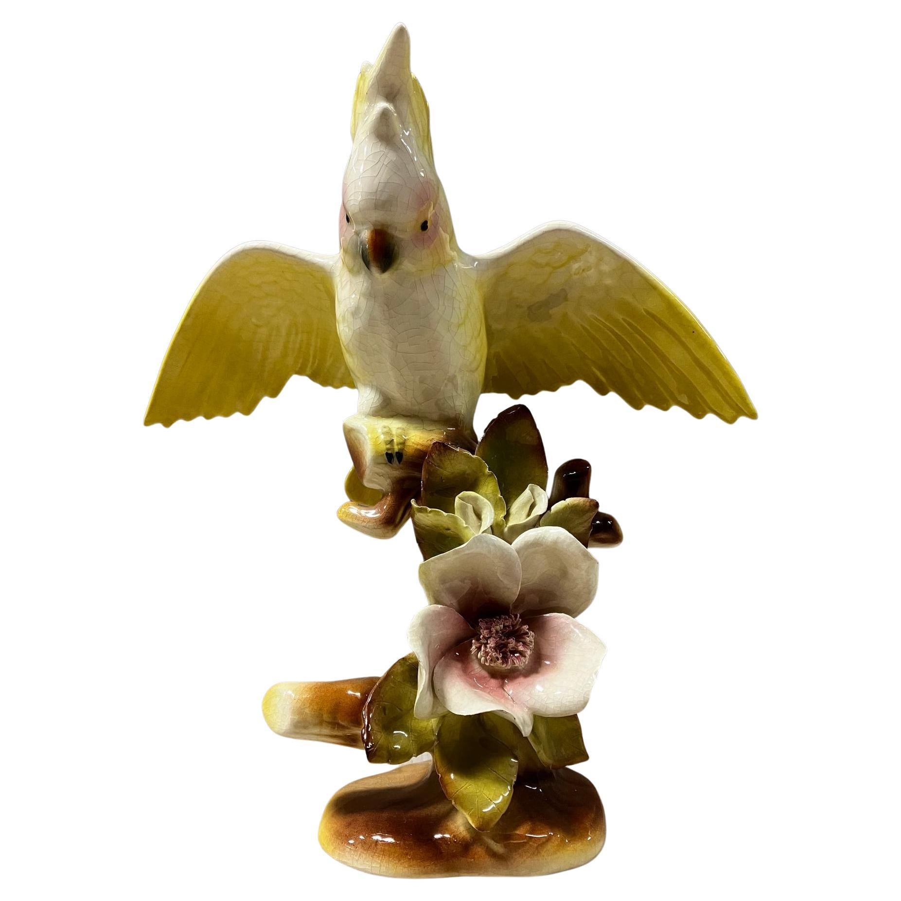 California Pottery Ceramic Tropical Cockatoo on Hibiscus Branch Statue For Sale
