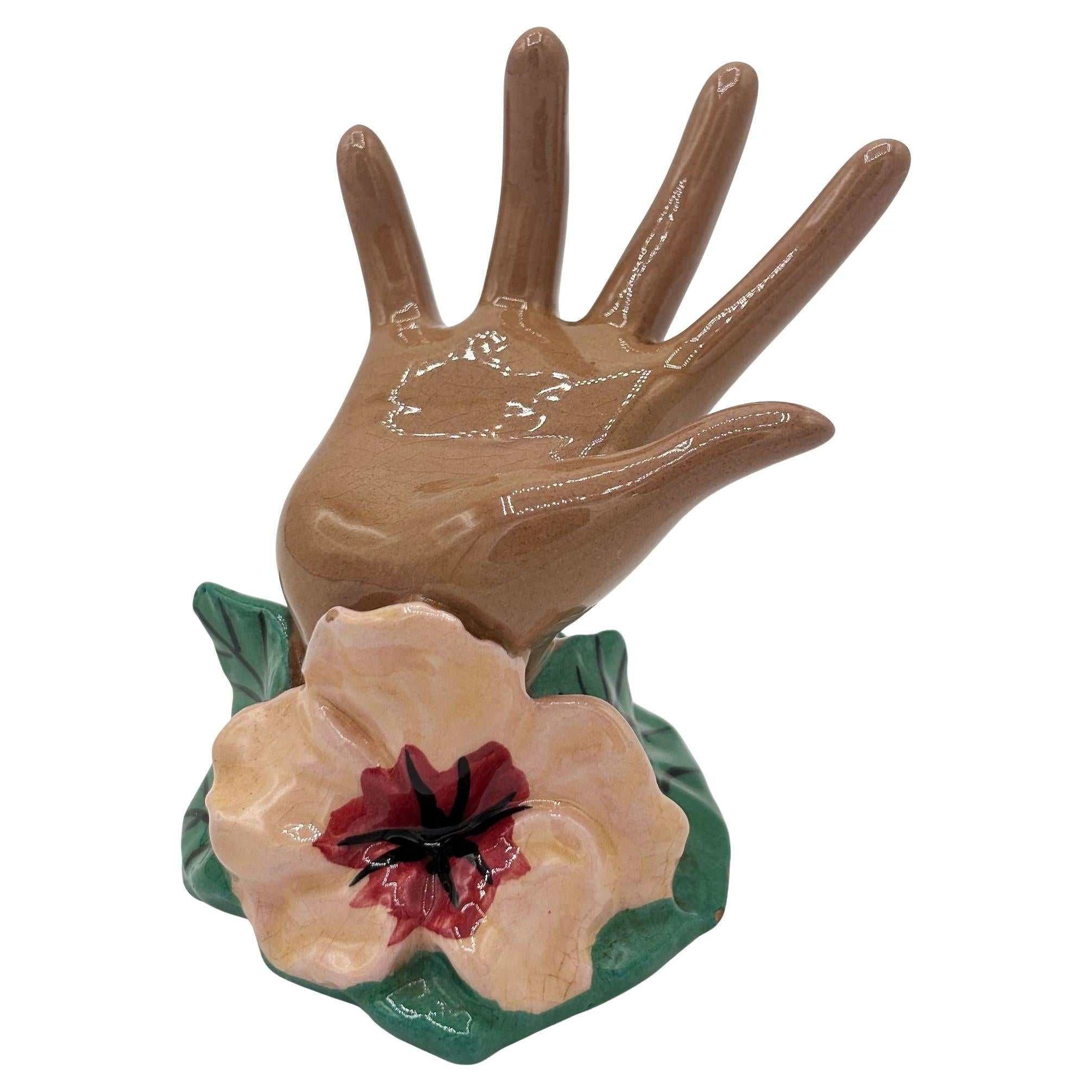 California Pottery Figural Hand w/ Magnolia Flower Ring Holder by Clemensons