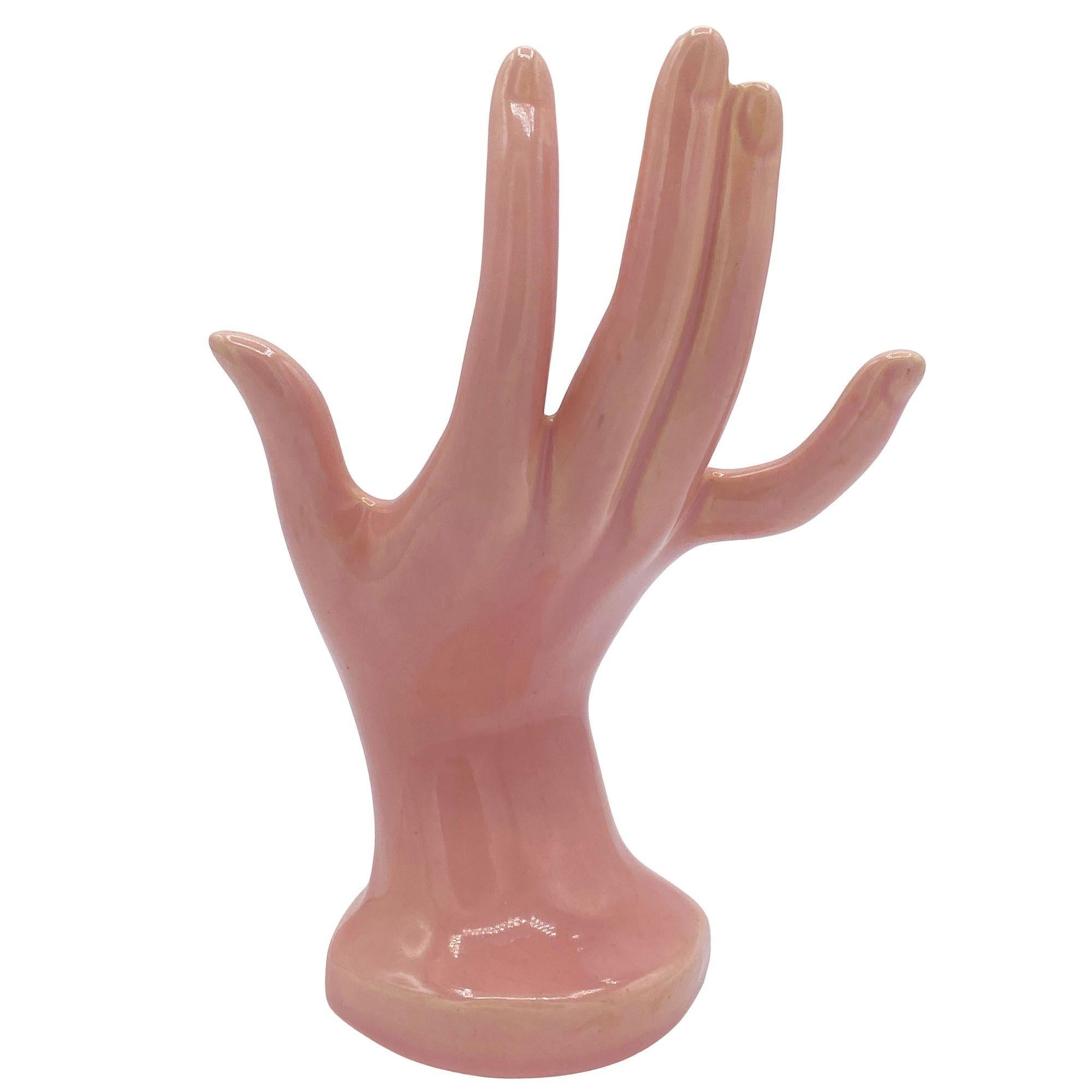 Metà XX secolo California Pottery Portabiglietti da visita a forma di mano femminile rosa salmone in vendita