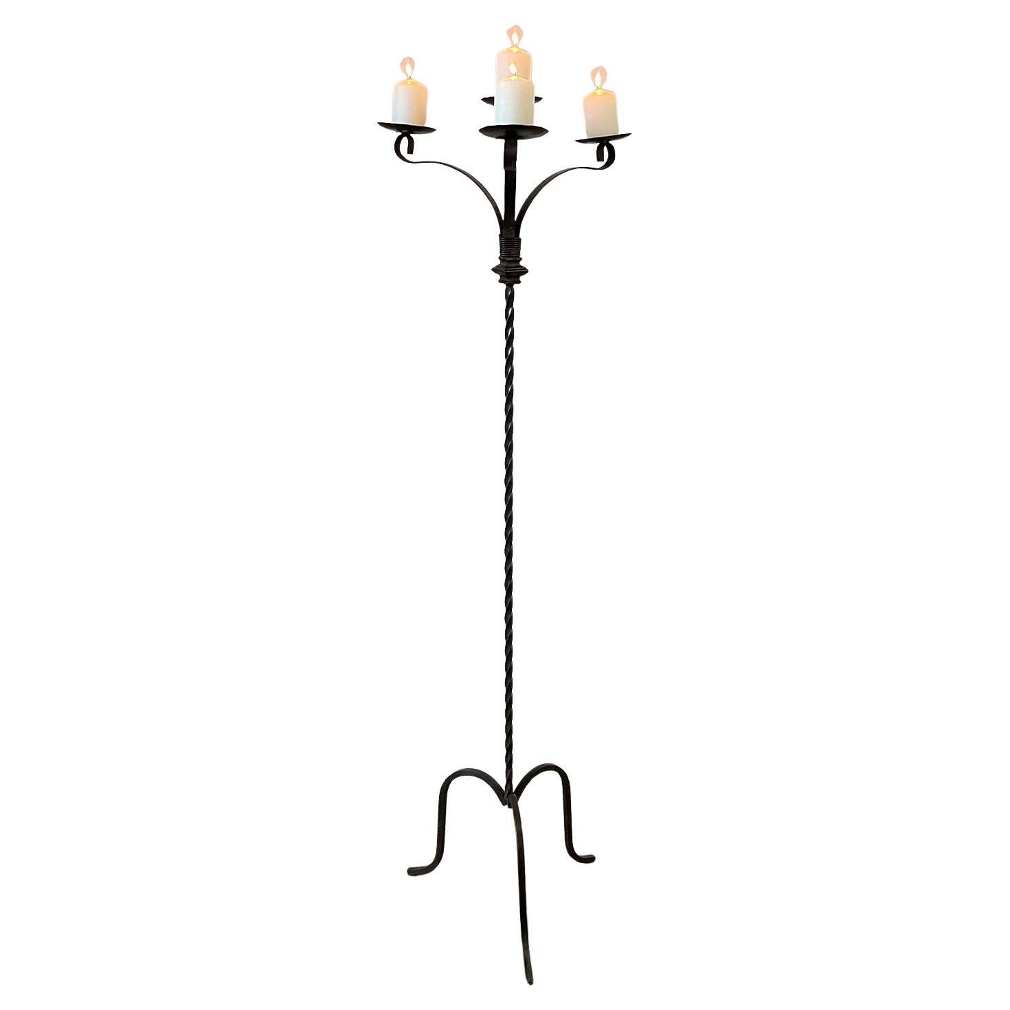 California Ranch Mid Century Wrought Iron Torchiere Standing Candelabra For Sale