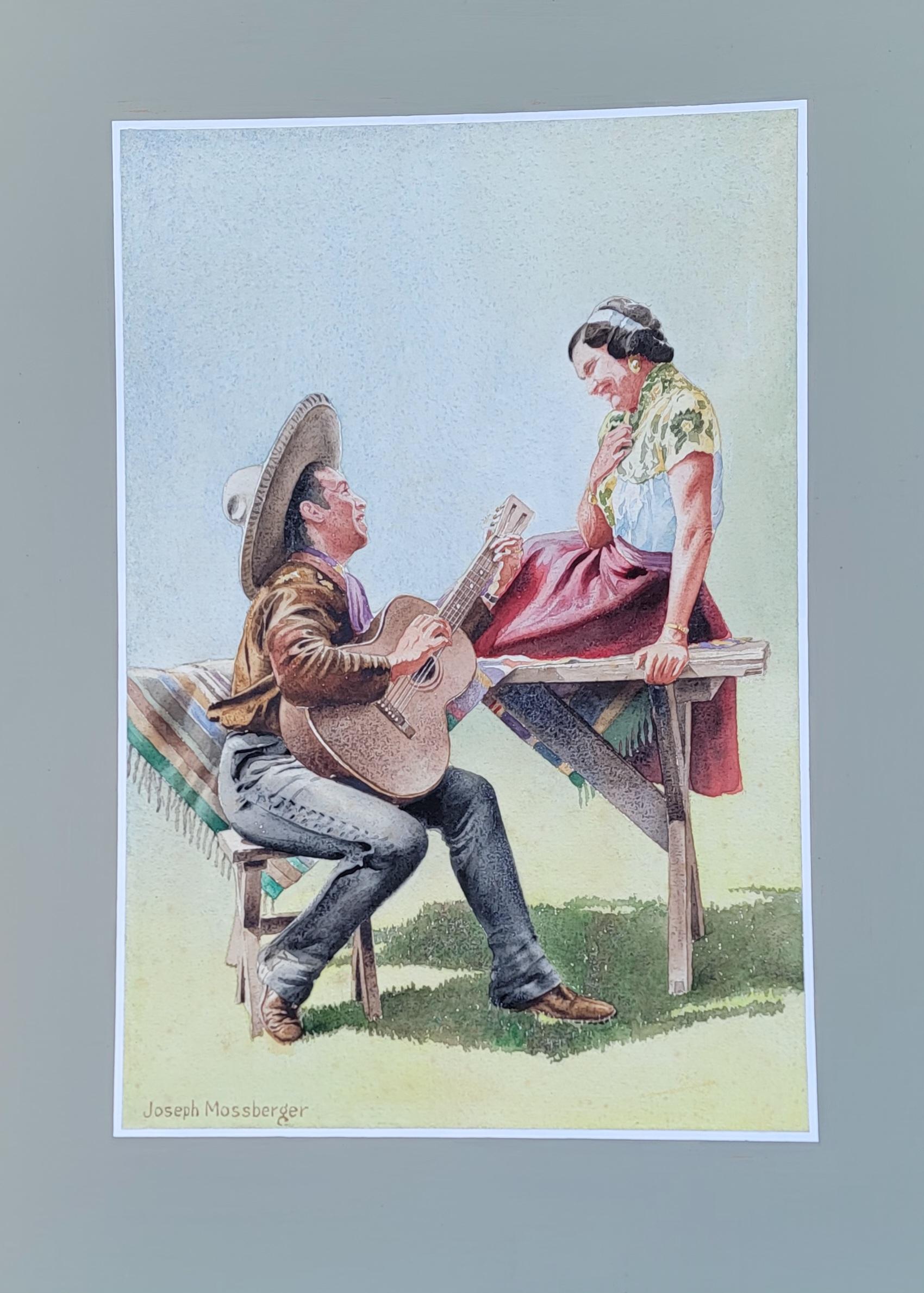 Belle aquarelle originale représentant une guitare latino-américaine jouant la sérénade à une femme assise. Table primitive, couvertures mexicaines et sombrero. Sujet romantique. Un excellent complément à un rancho californien.  ou de style Mission.