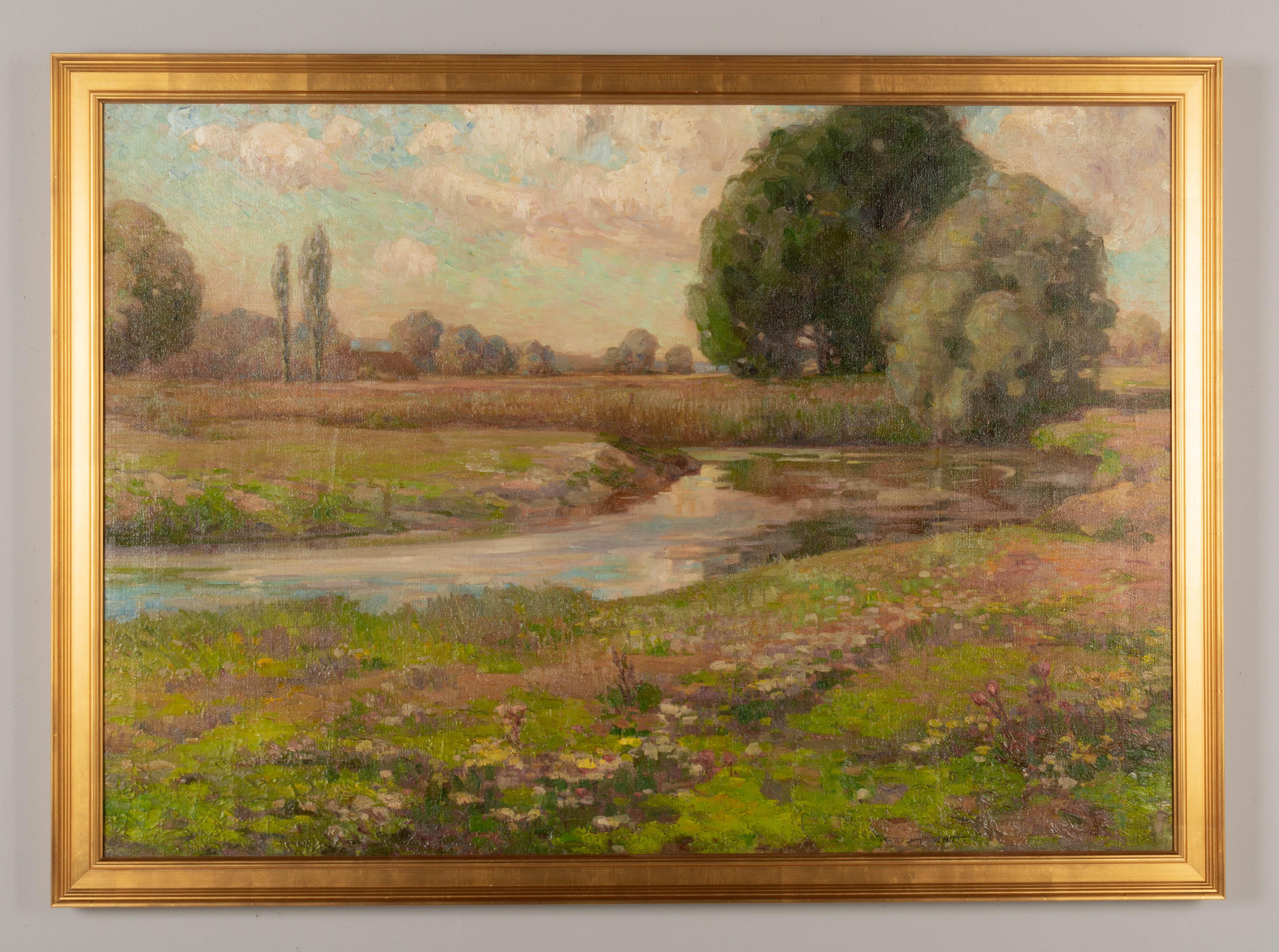 A California School Impressionist style landscape painting. Nice pastel colors: green, pale blue and pink. Oil on canvas, relined. Craquelure, minor paint loss and restoration. Signed lower right: William Wendt, but signature not authenticated. A