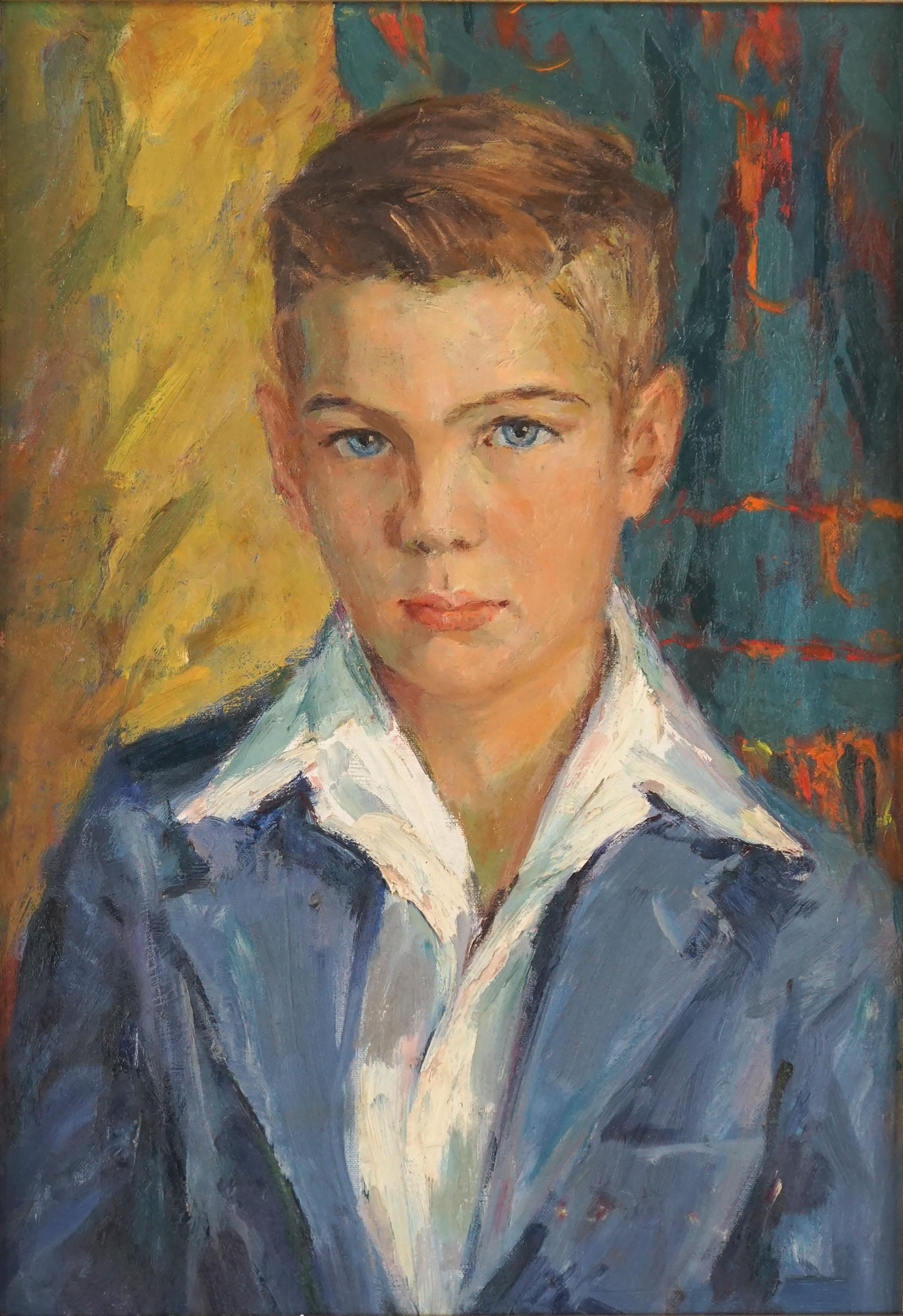 Schöner blauer Augenbrauner Junge, Vintage-Porträt, kalifornischer Impressionist – Painting von California School