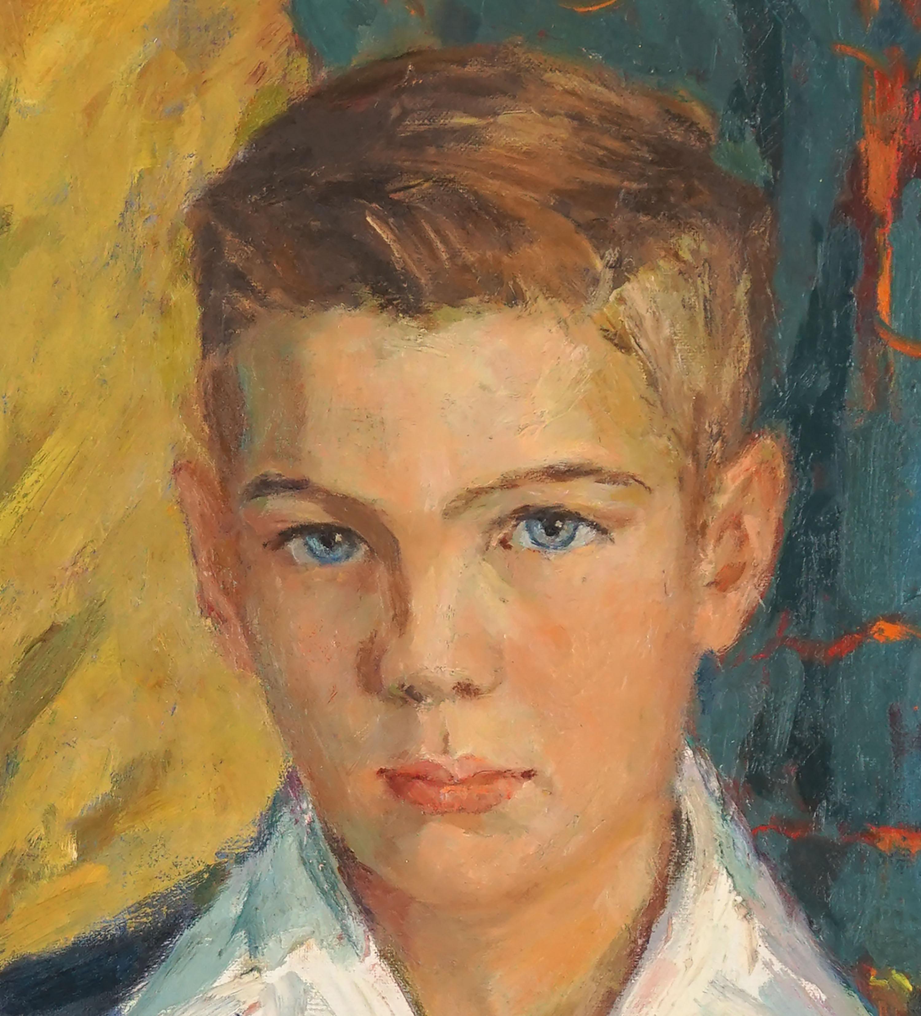 Schöner blauer Augenbrauner Junge, Vintage-Porträt, kalifornischer Impressionist (Amerikanischer Impressionismus), Painting, von California School