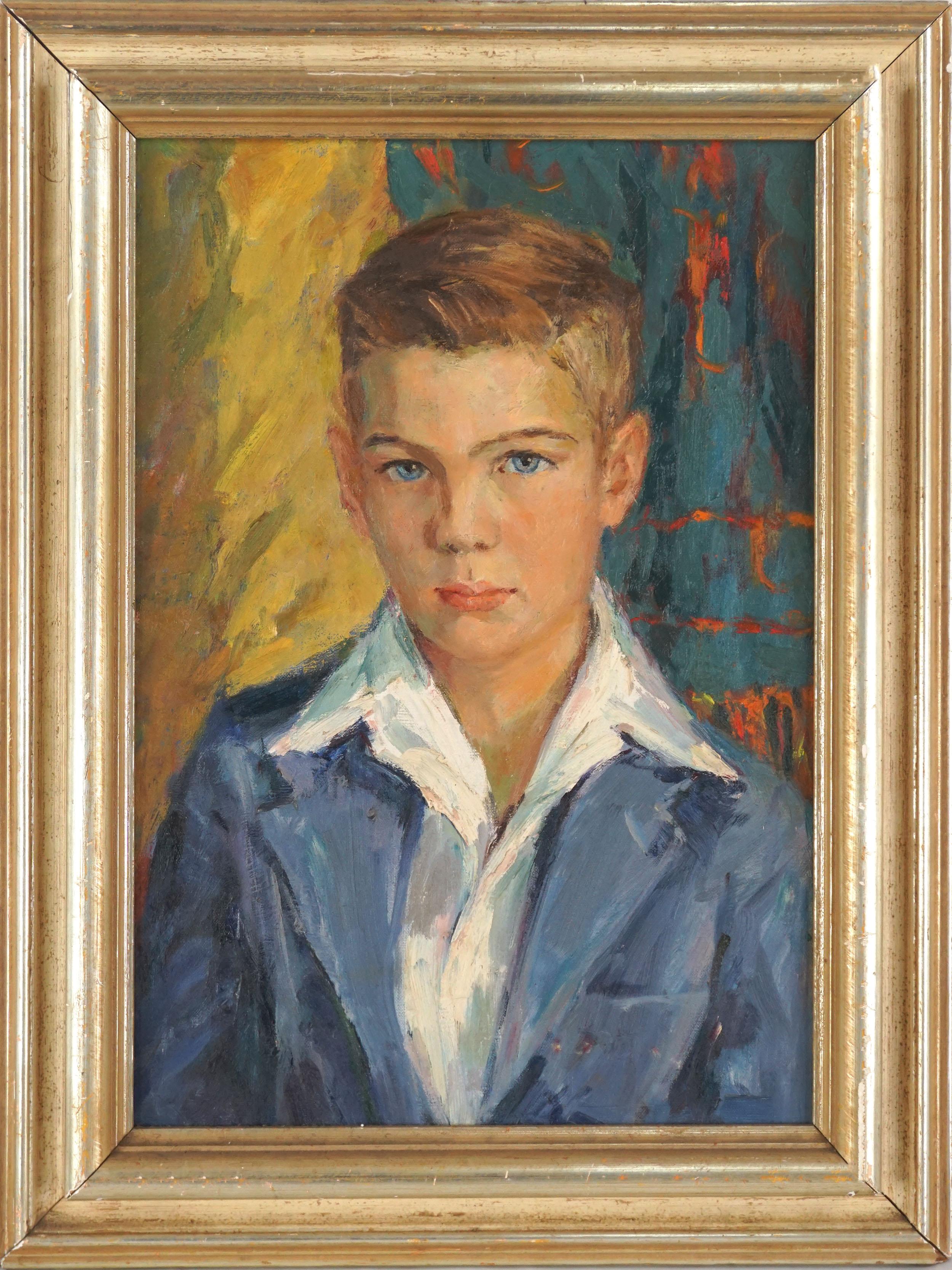 California School Portrait Painting - Beautiful Blue Eyed Boy Vintage Portrait California Impressionist