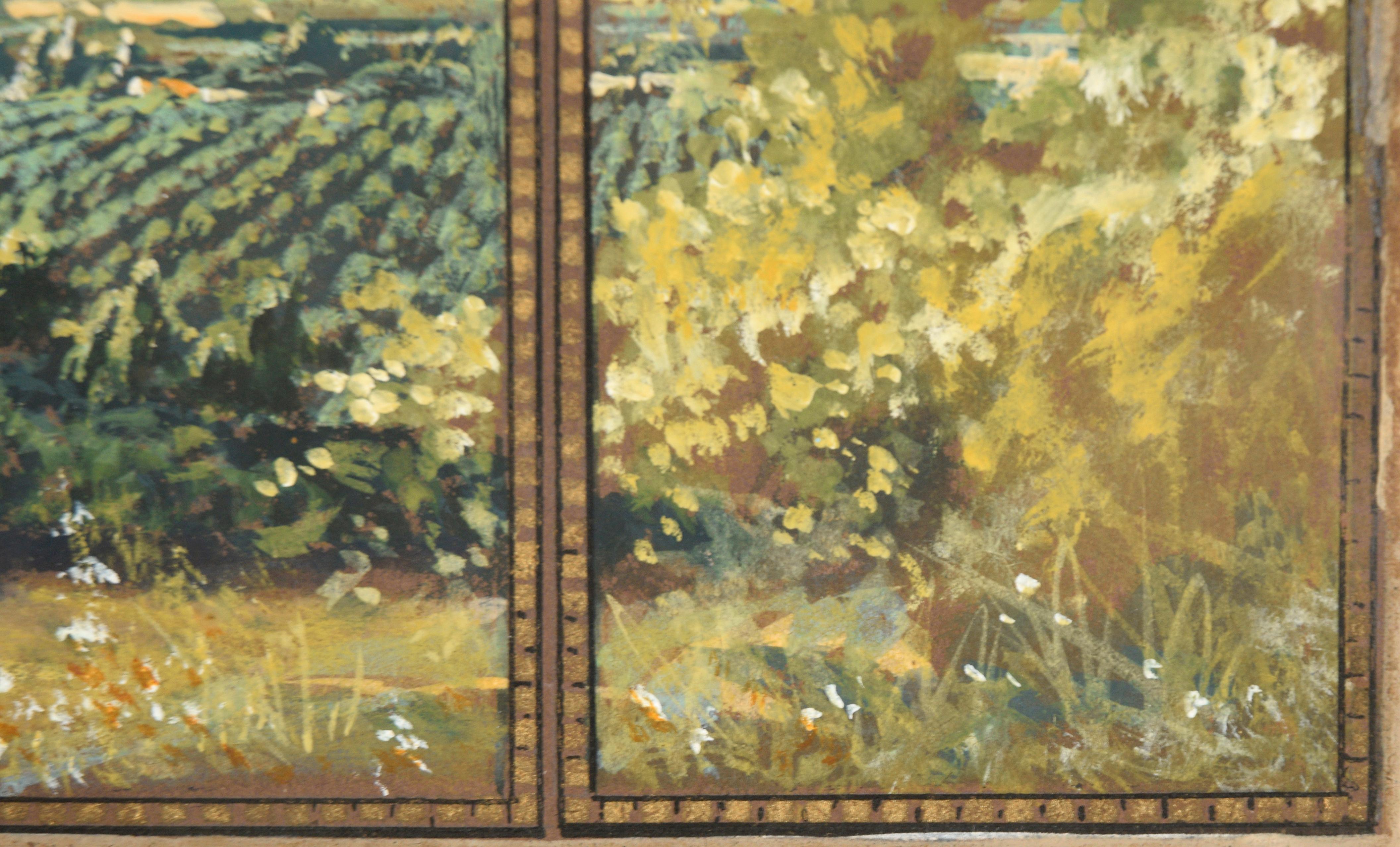 Vibrant depiction of a view from a window by an unknown artist (American, 20th Century). This sweeping landscape, composed in a horizontal panoramic view, depicts a distant vineyard framed by tall mountains in the distance and beautiful autumn trees