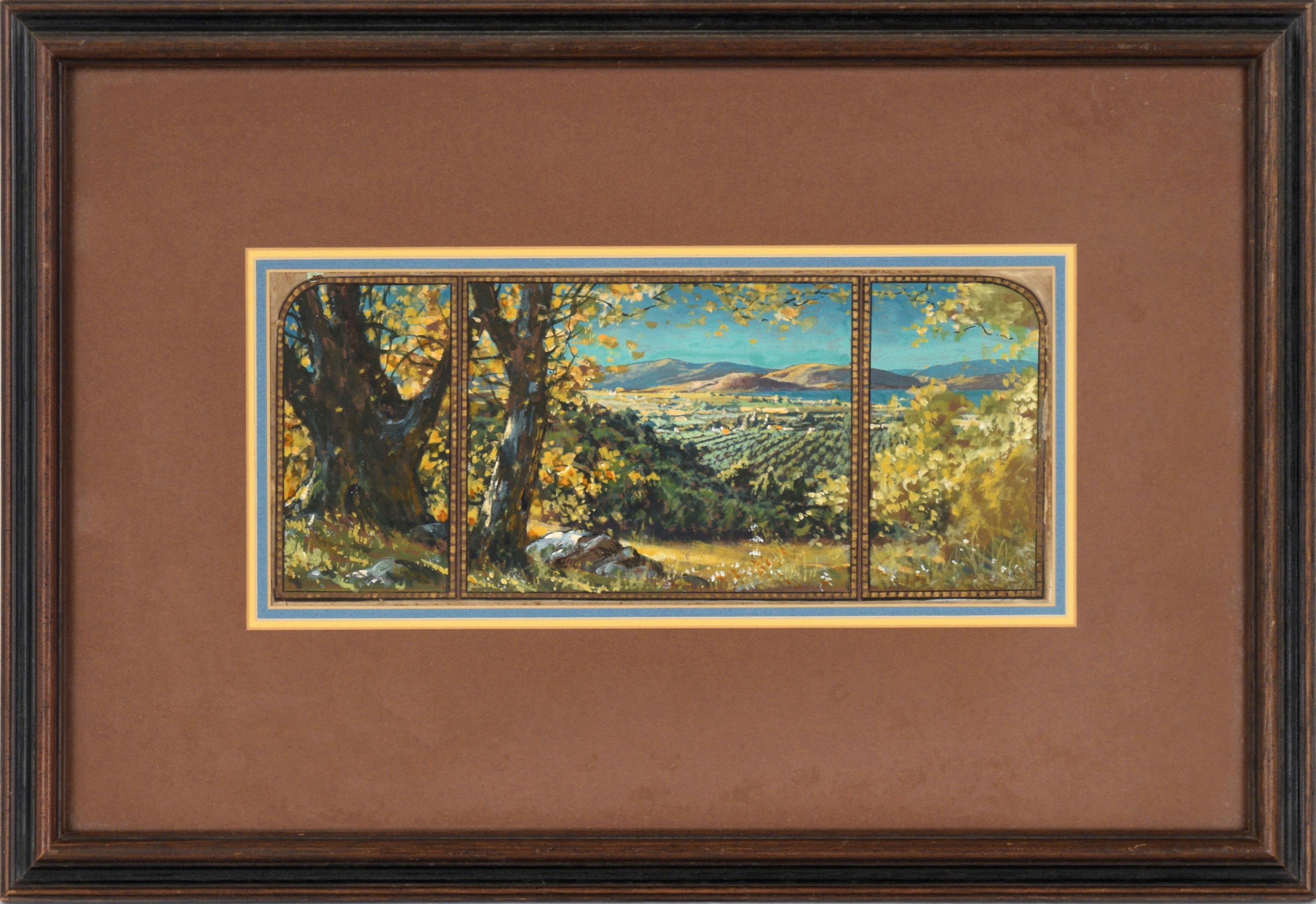 California School Landscape Painting - Looking Out Over the Vineyards, Early 20th Century Landscape Panorama 