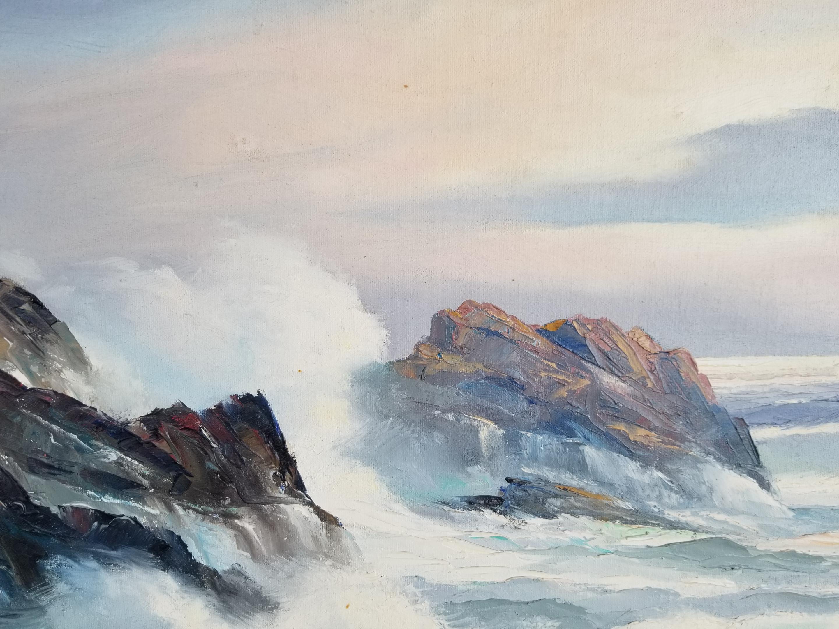 Fine seascape painting by Alfred Dupont mounted in original solid black walnut frame. Frame signed by R. Voelker.
Dupont was active in Newport Beach, California. Measures with frame: 38.63