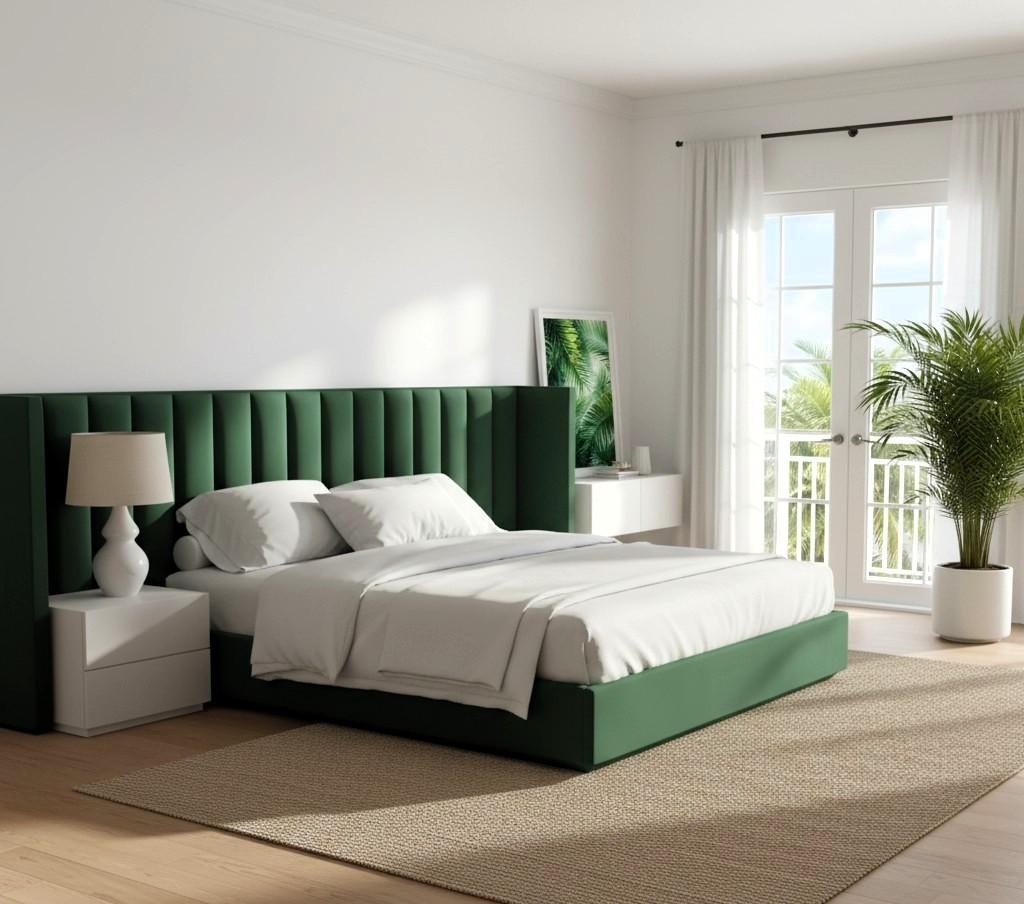 Letto California Size con rivestimento in velluto e testata a scanalature verticali in vendita 2