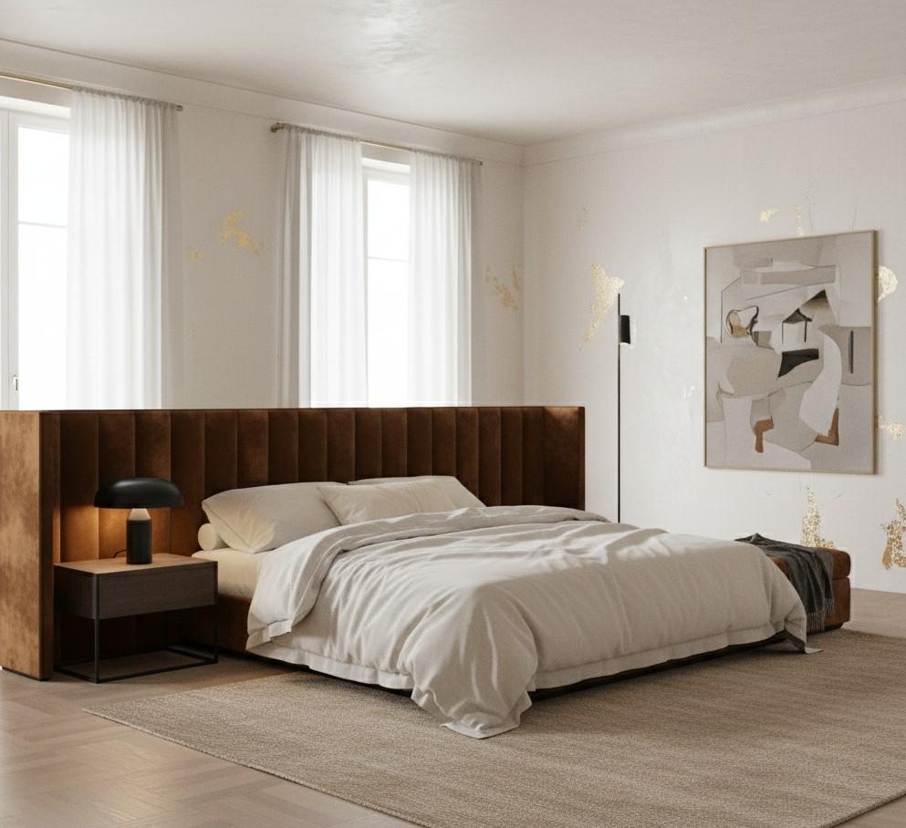 Americano Letto California Size con rivestimento in velluto e testata a scanalature verticali in vendita