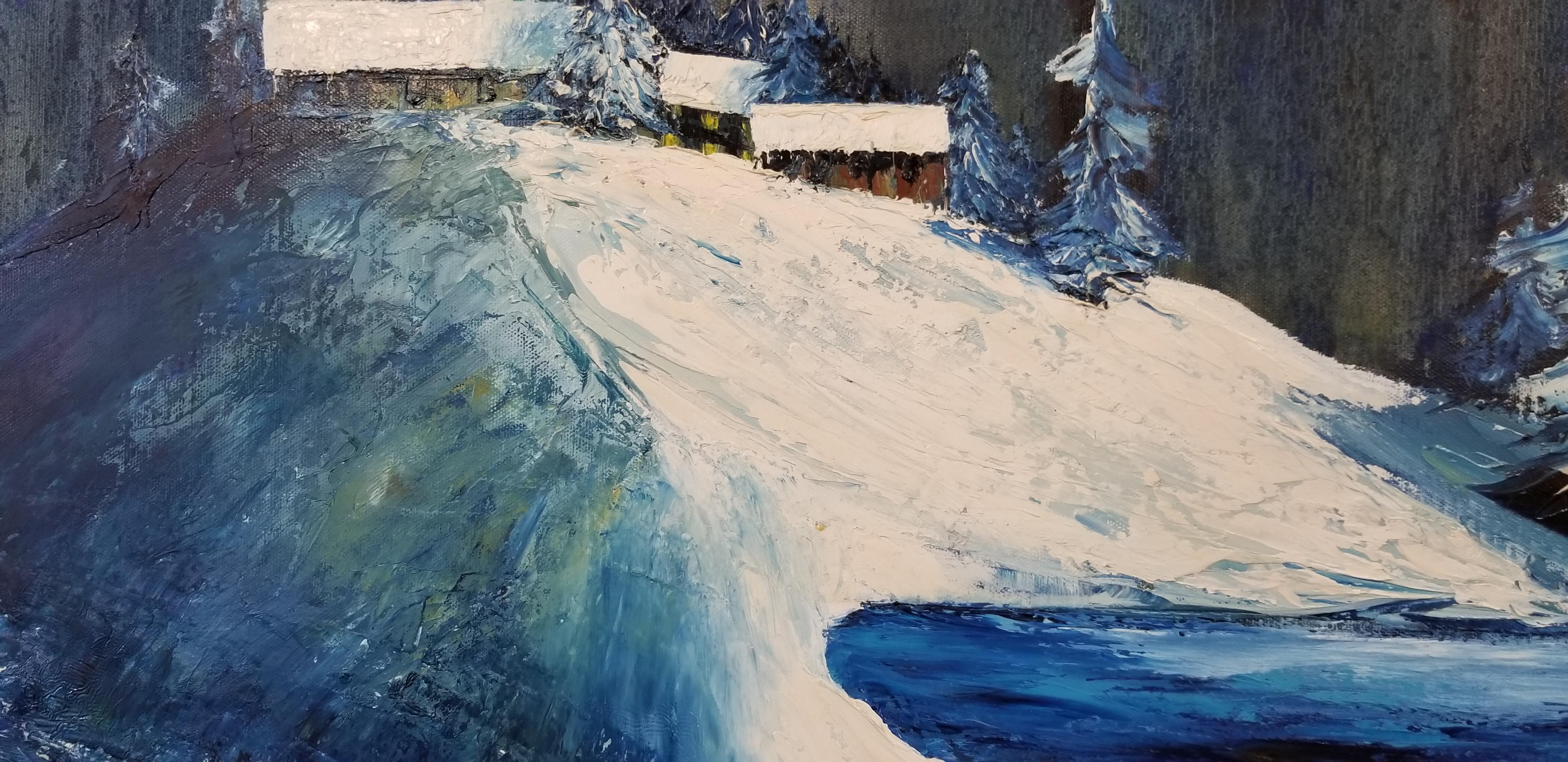 Original oil on canvas nocturne snow scene painting titled 