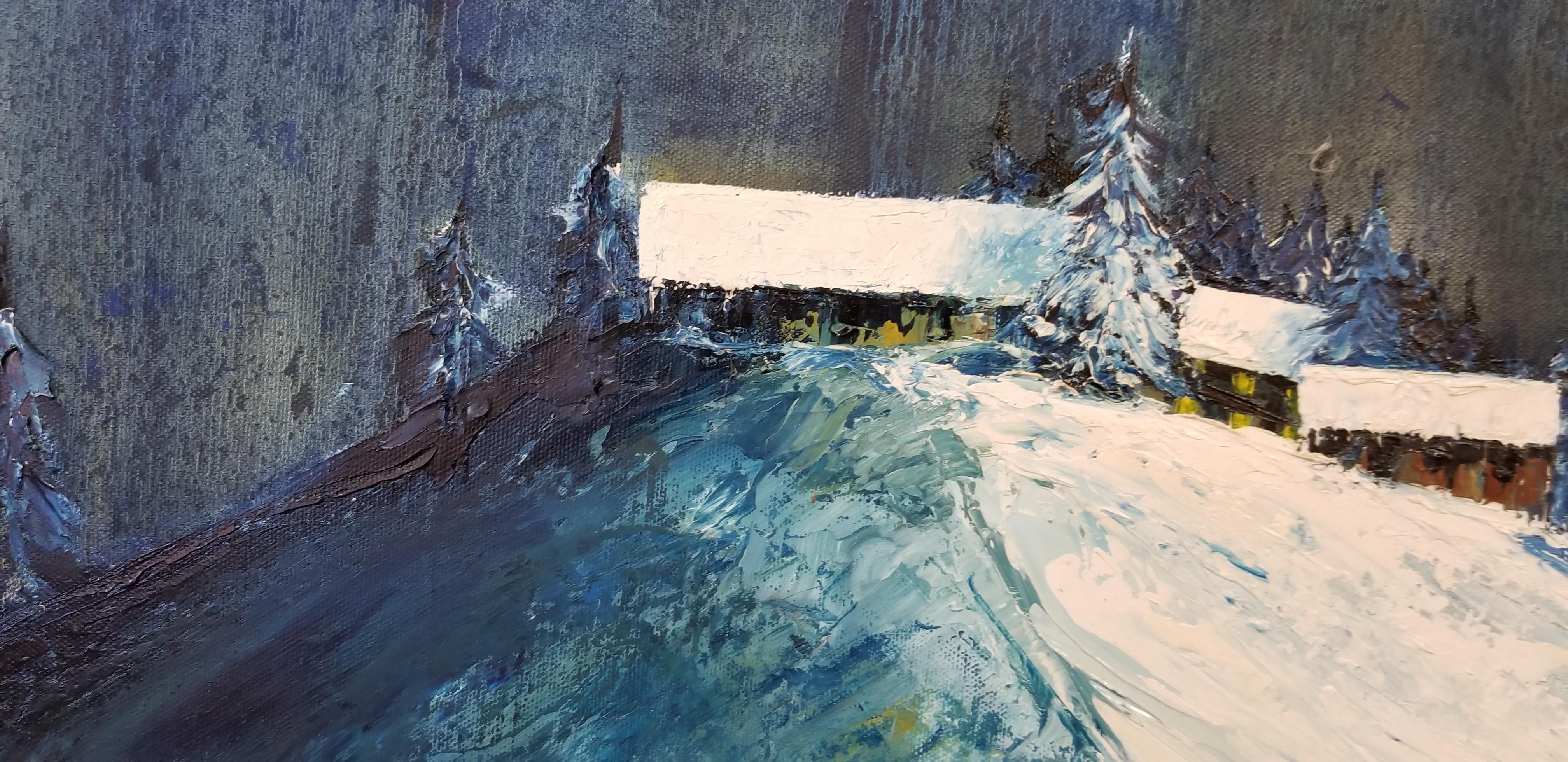 American California Nocturne Snow Scene Painting by Helen Tripi For Sale