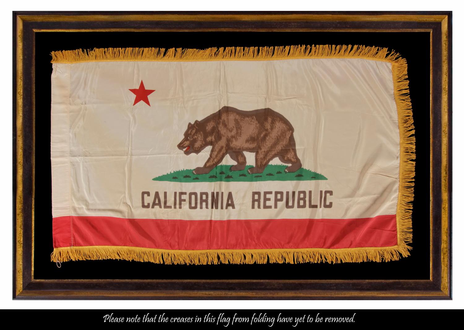 CALIFORNIA STATE / BEAR FLAG WITH GOLD SILK FRINGE, CA 1950-60 

Early state flags fall between very scarce and extraordinarily rare in the antiques marketplace. One primary reason for this is that most states, even if they existed during the 18th