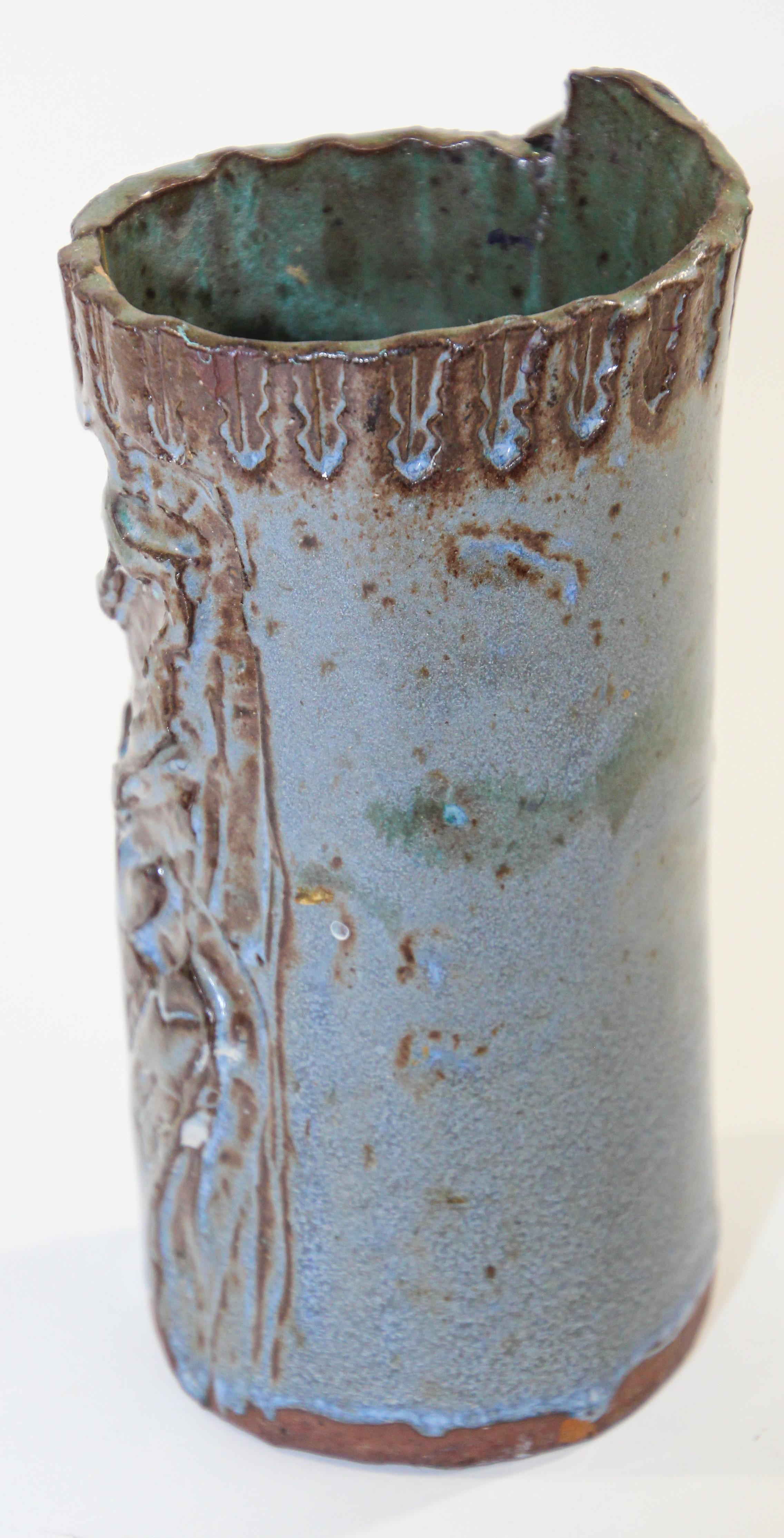 California Studio Organic Pottery Vessel Brush Pot Vase In Good Condition For Sale In North Hollywood, CA