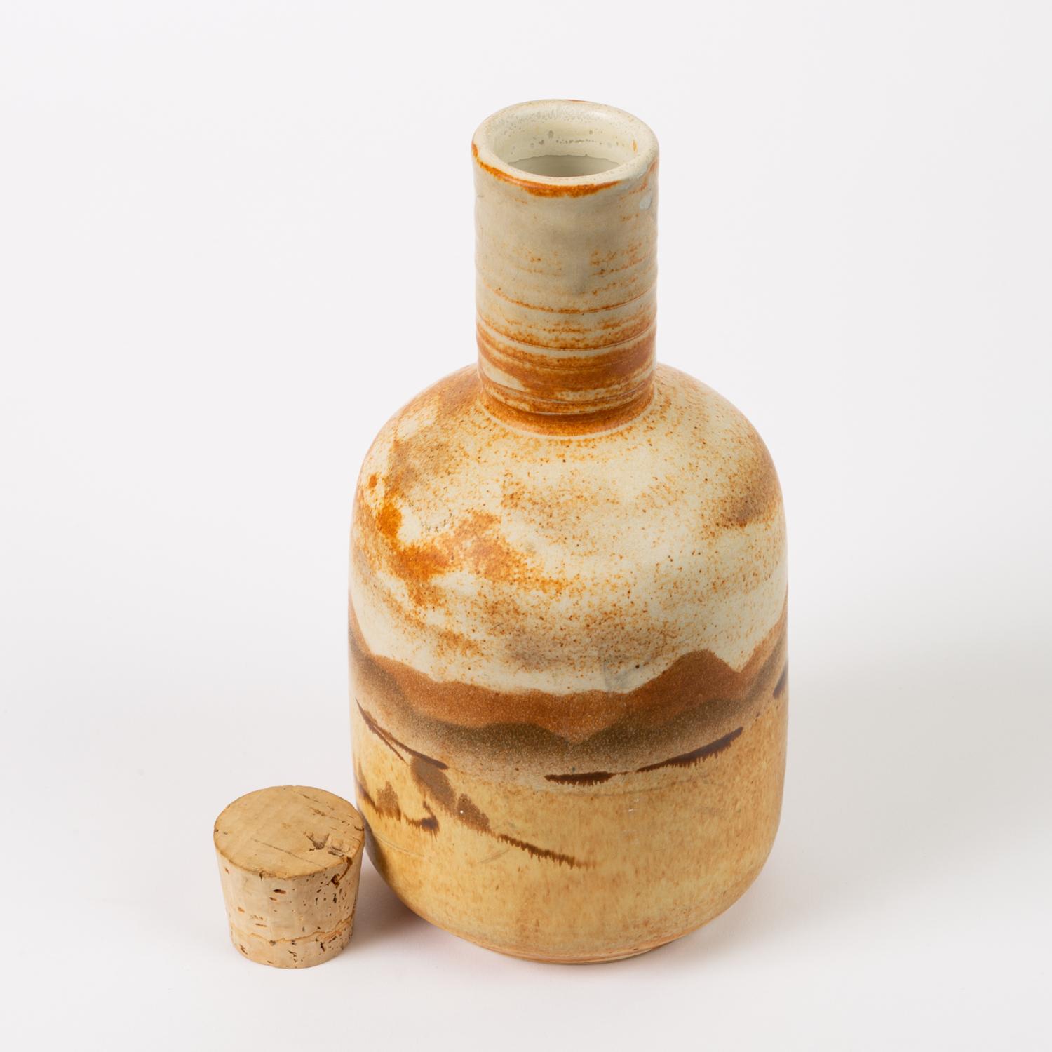 Glazed California Studio Pottery Bottle with Cork Stopper 'JB'