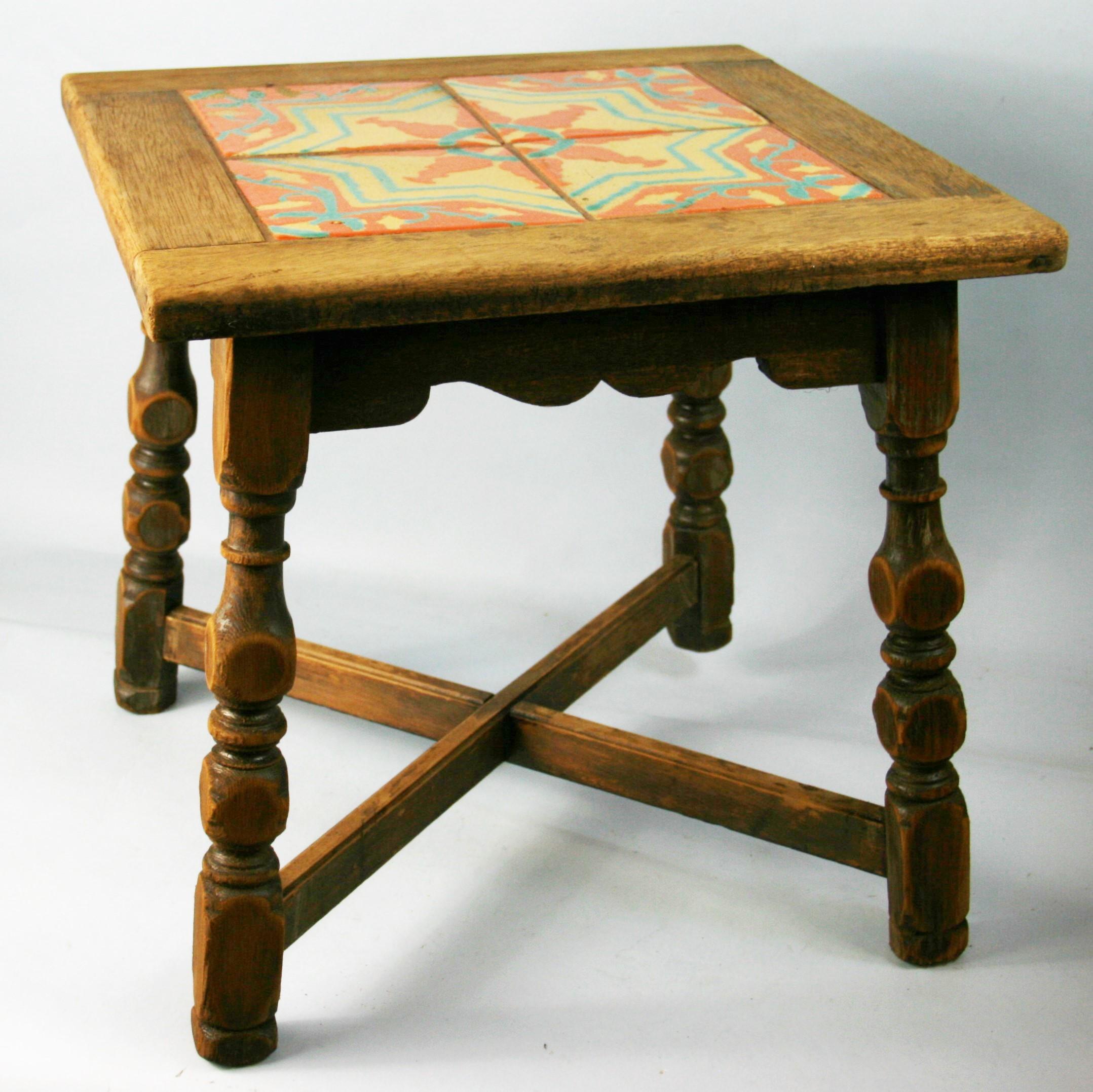3-666 All Original intact Catalina Tile and oak California Arts and Craft side  table with hand painted tile.