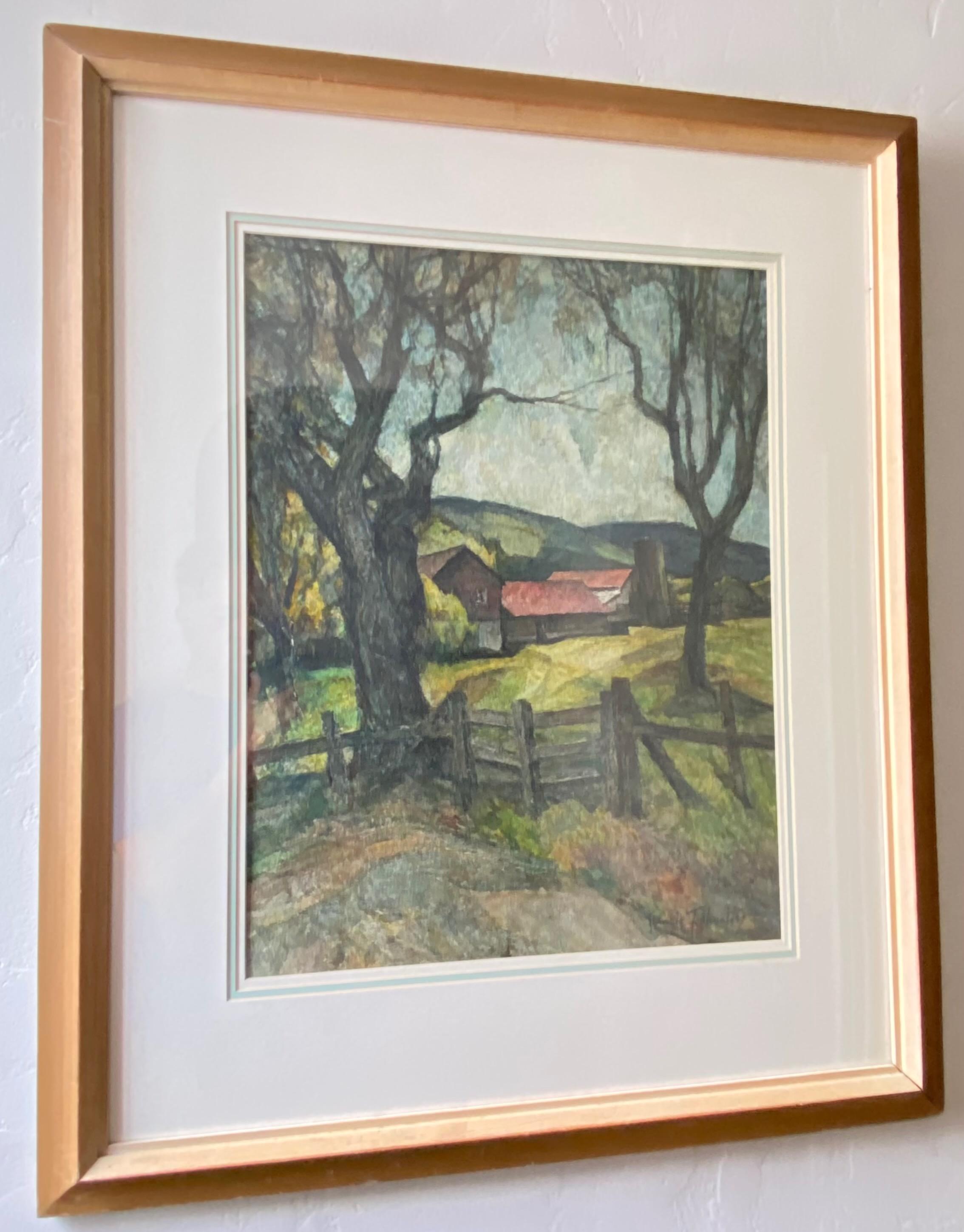 Rural landscape painting by California artist Francis Todhunter, titled 'Ranch de Novato'. This painting hung in the Bohemian Club of San Francisco.
Framed watercolor on paper behind glass.
Has original label on back.
Francis Augustus Todhunter