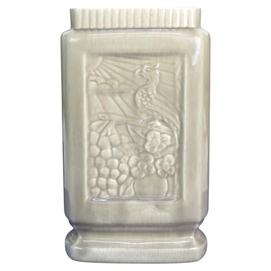 California West Coast Pottery Embossed Bird & Sunrise Pottery Pillow Vase C1950 For Sale