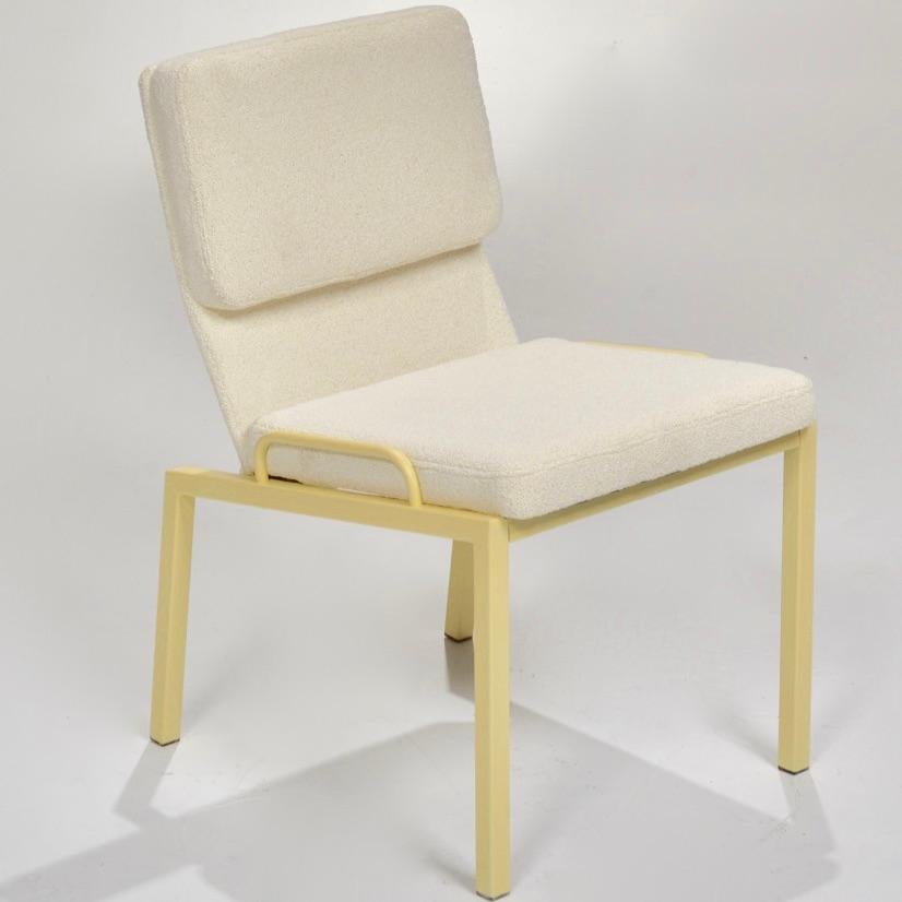 Streamlined Californian Mid-Century Modern side chairs with white bouclé terry upholstery and sleek pale yellow metal frame. 
Very comfortable and functional design.