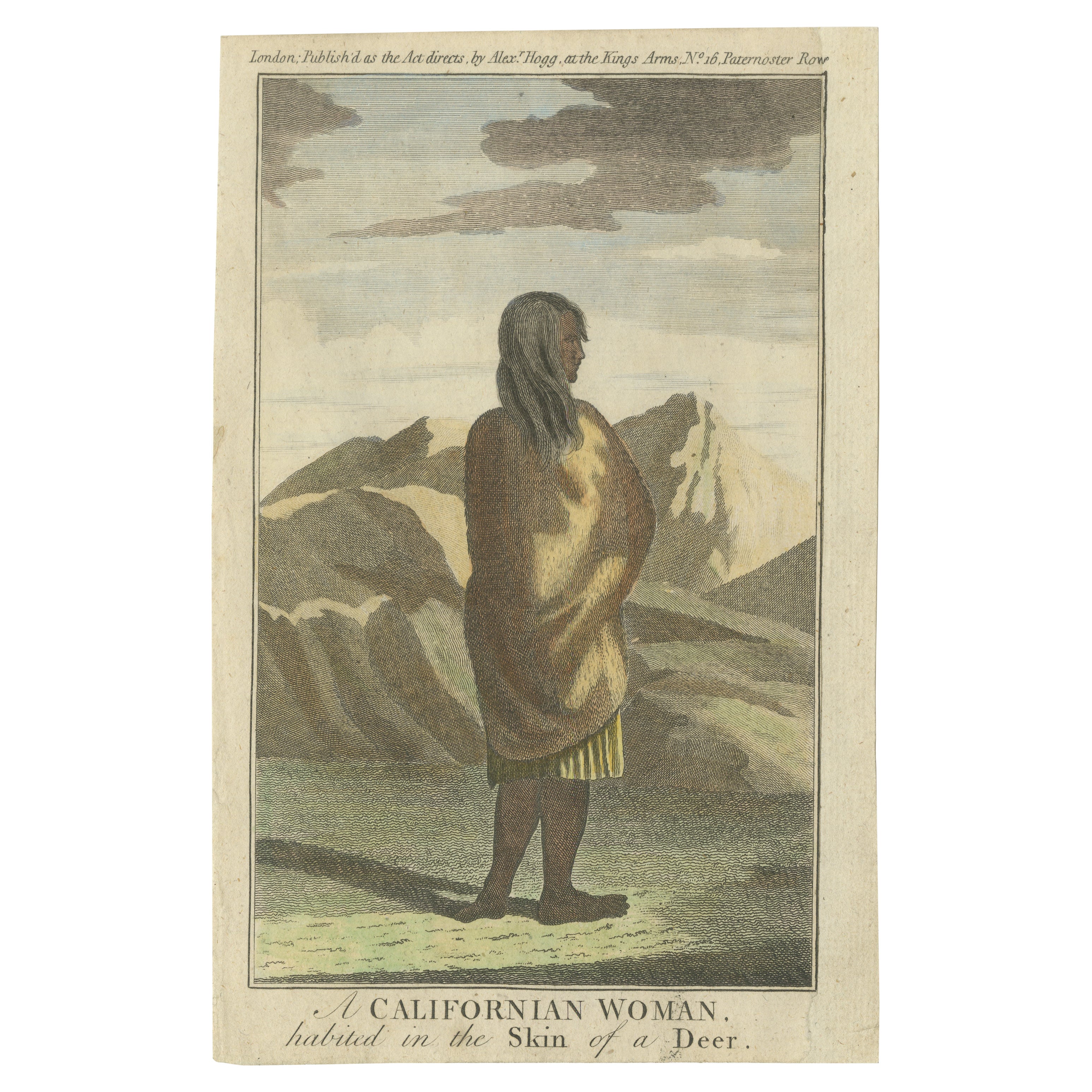 Femme californienne en robe de peau de cerf, portrait indigène - Gravure 1780 en vente