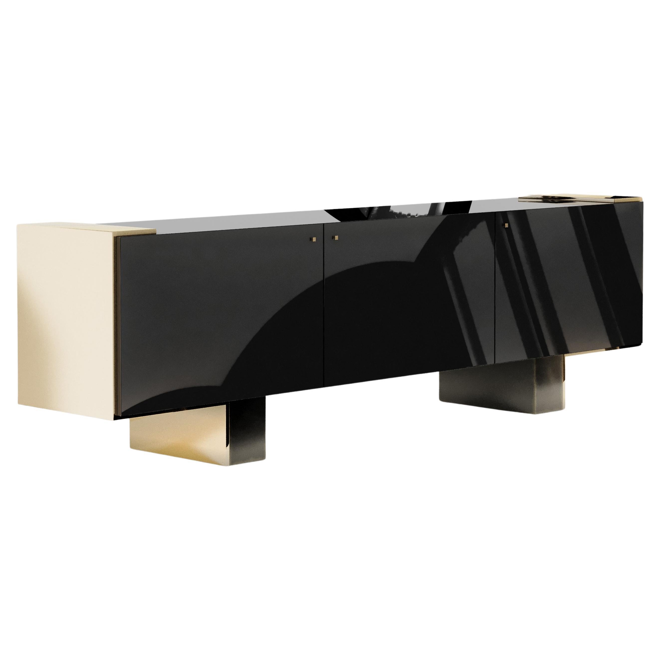 Câline Console Table in Piano Black and Polished Bronze 