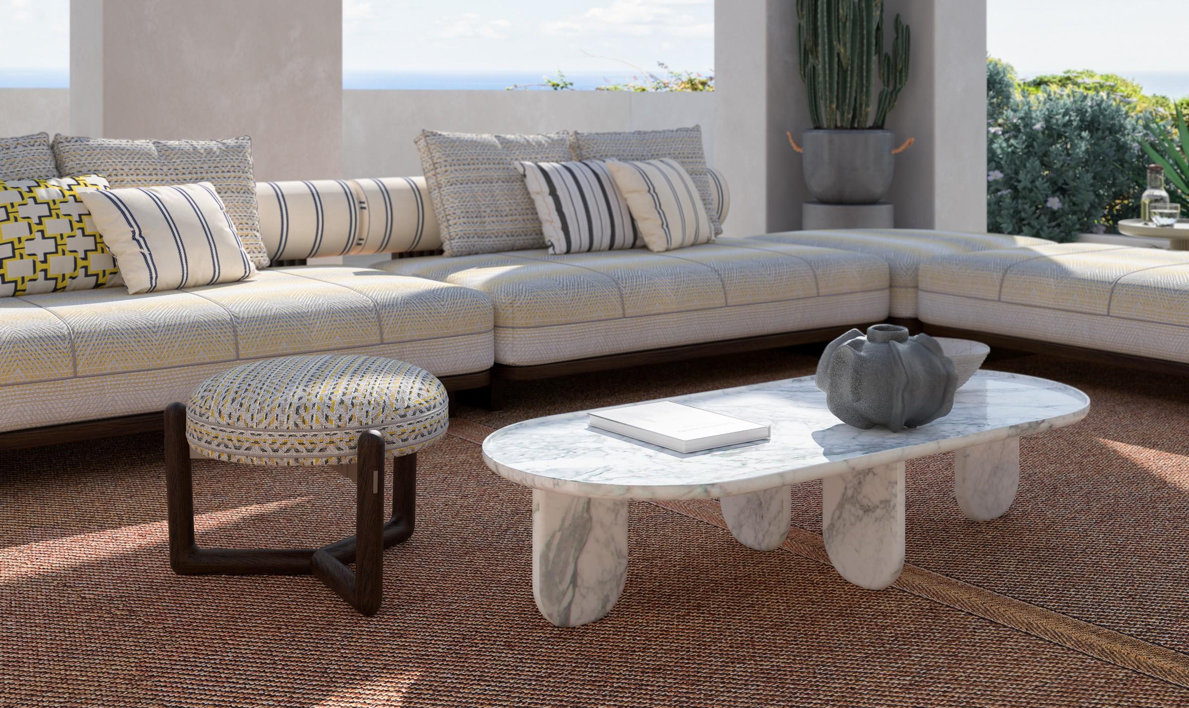 This outdoor coffee table is crafted entirely from marble, offering a sleek and sophisticated look. It can be customized with various types of marble, allowing you to choose the perfect stone that complements your outdoor space. The luxurious marble