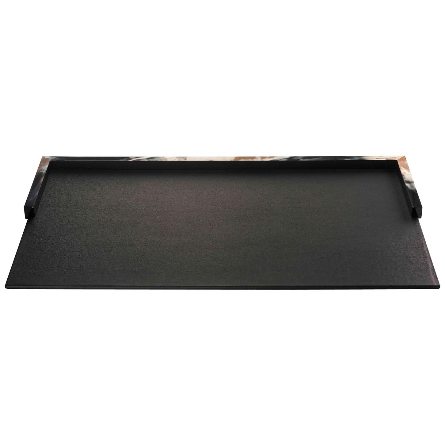 Calipso Desk Blotter in Black Leather with Corno Italiano Detailing, Mod. 5300s For Sale