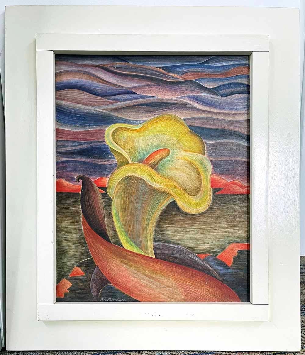 A striking and richly-hued example of American Scene painting, this depiction of a yellow calla lily framed by undulating hills in tones of purple and red was painted by Richard Taflinger.  The artist's celebration of his native Oklahoma landscape,