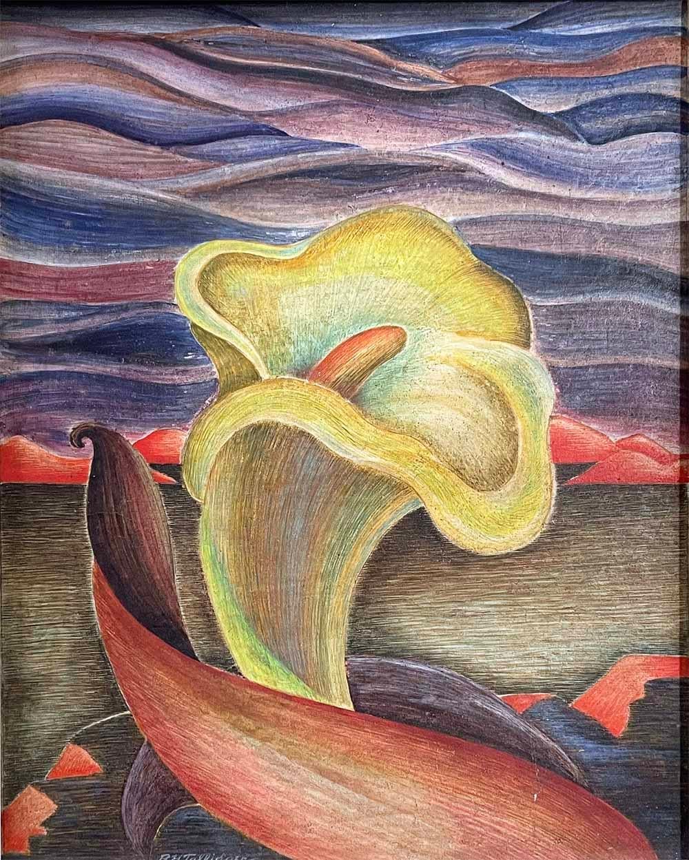 "Calla Lily and Purple Hills", Social Realist Painting of Oklahoma Landscape For Sale