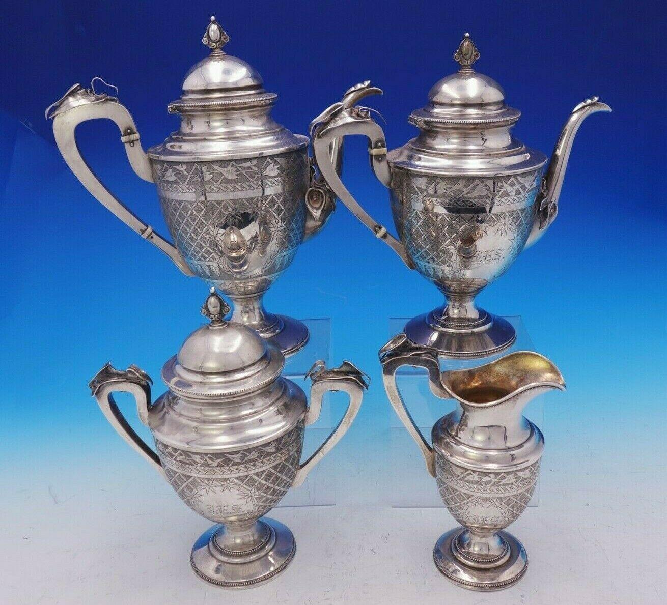 Calla Lily by Ford and Tupper

Beautiful Ford and Tupper sterling silver 4-piece tea set with applied 3-D calla lilies circa 1867-1874. This set features hand engraved bamboo lattice and stippled design with border of engraved calla lilies and