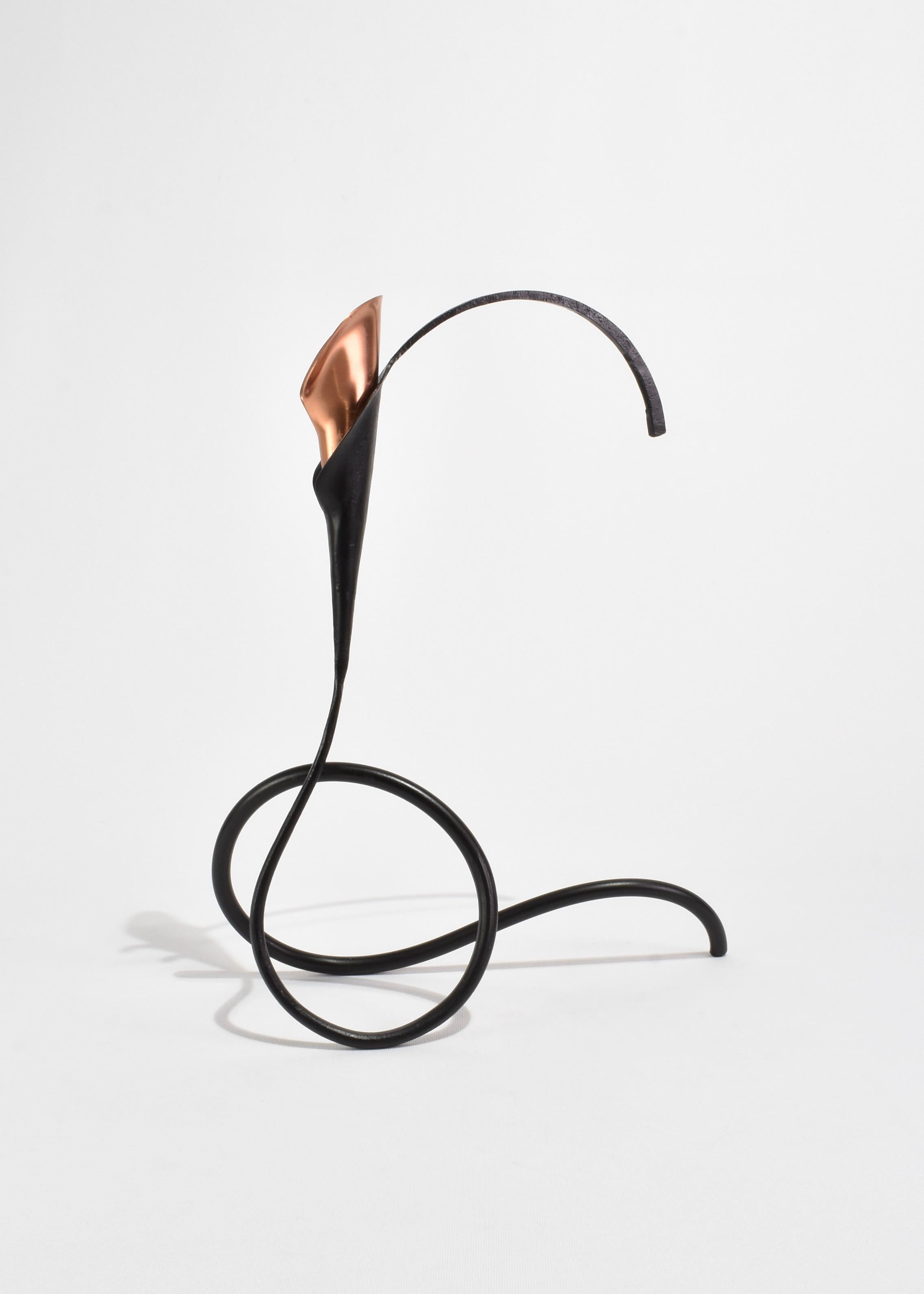 Beautiful vintage forged steel candleholder in the shape of calla lily with a copper insert, signed.