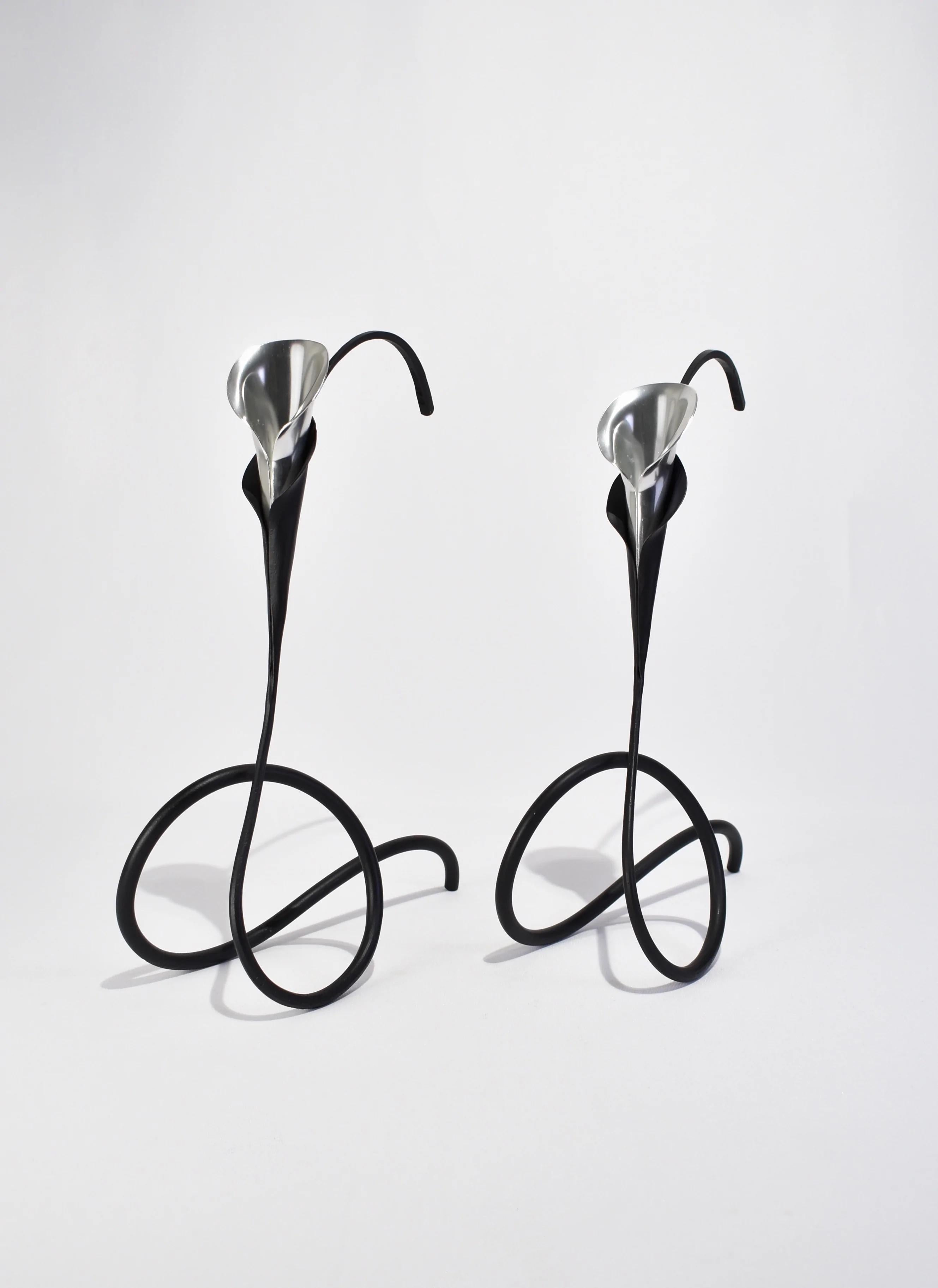Beautiful vintage forged steel candleholders in the shape of calla lilies with aluminum inserts, set of two. Signed.