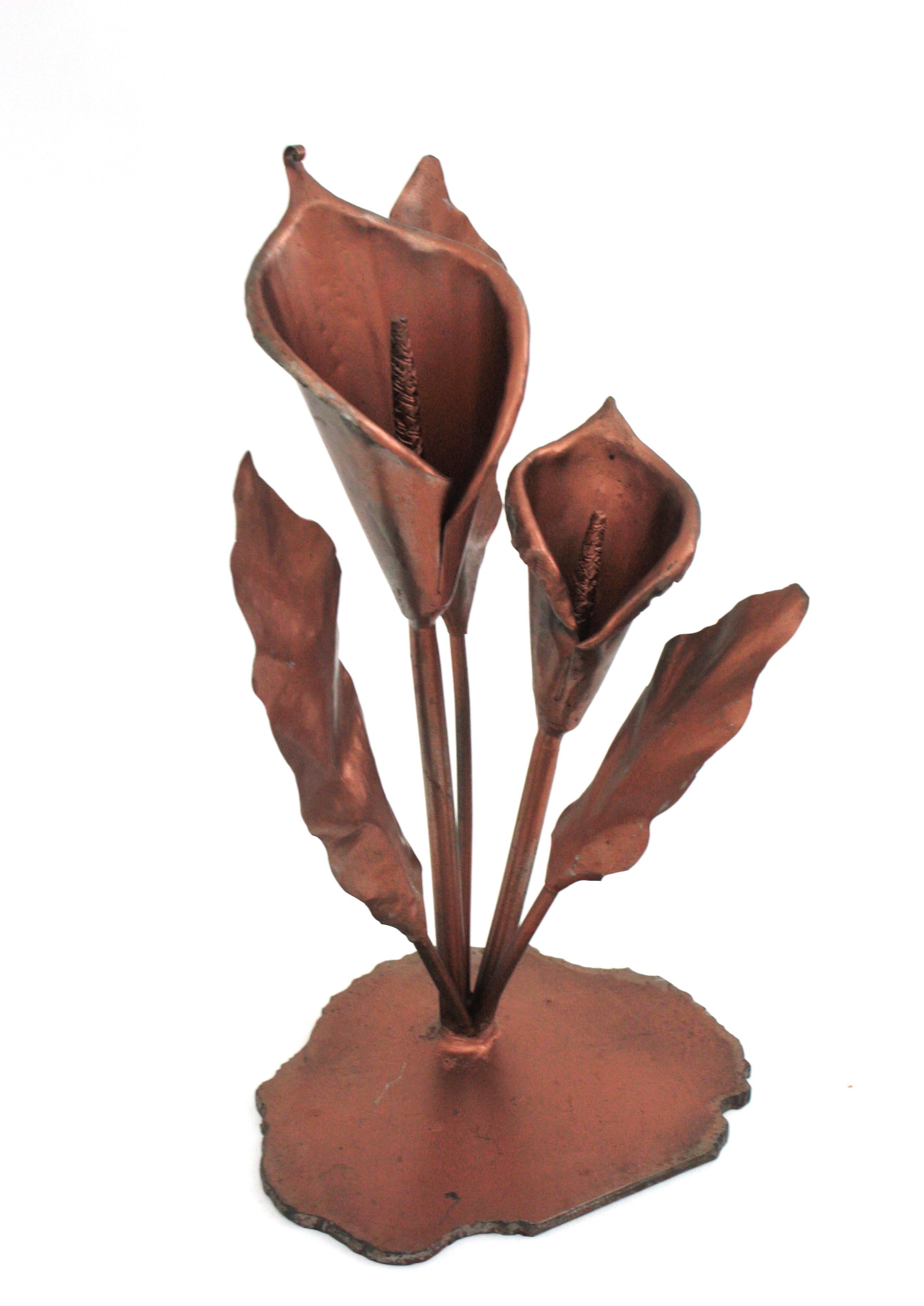 Hand-Crafted Calla Lily Foliage Flower Sculpure or Paperweight in Copper Metal For Sale