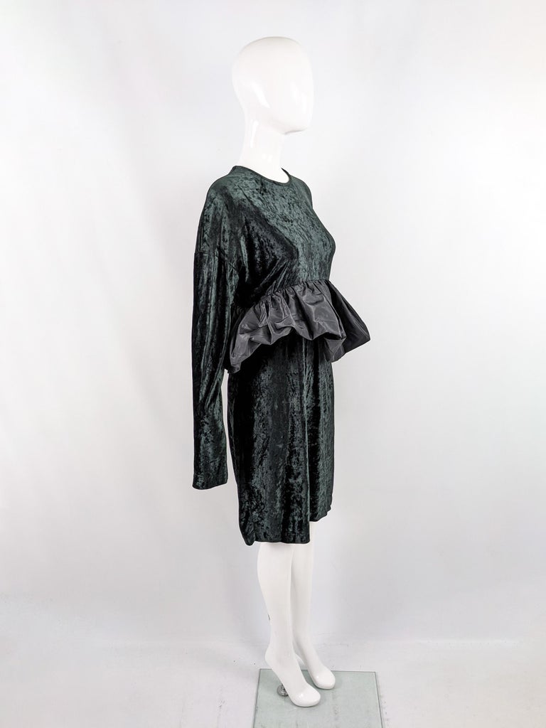 Callaghan by Romeo Gigli Darkest Green & Black Velvet Dress with Taffeta Peplum For Sale 2
