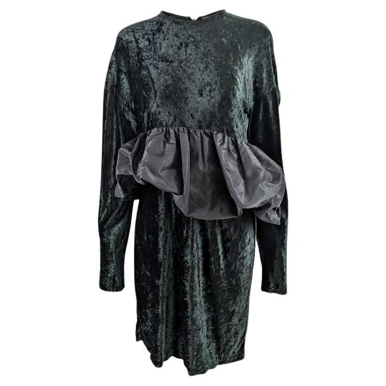 Callaghan by Romeo Gigli Darkest Green & Black Velvet Dress with Taffeta Peplum For Sale