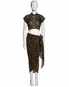 Blouse et jupe portefeuille en maille de coton brodée Callaghan by Romeo Gigli, P/E 1990